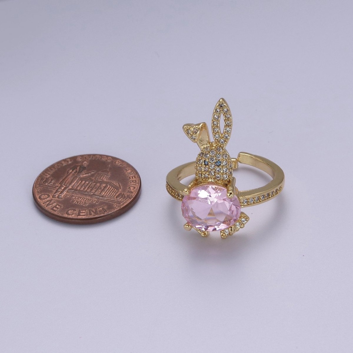 Micro Pave Easter Bunny Ring With Pink Cz Stone Rabbit Open Adjustable Ring S-373