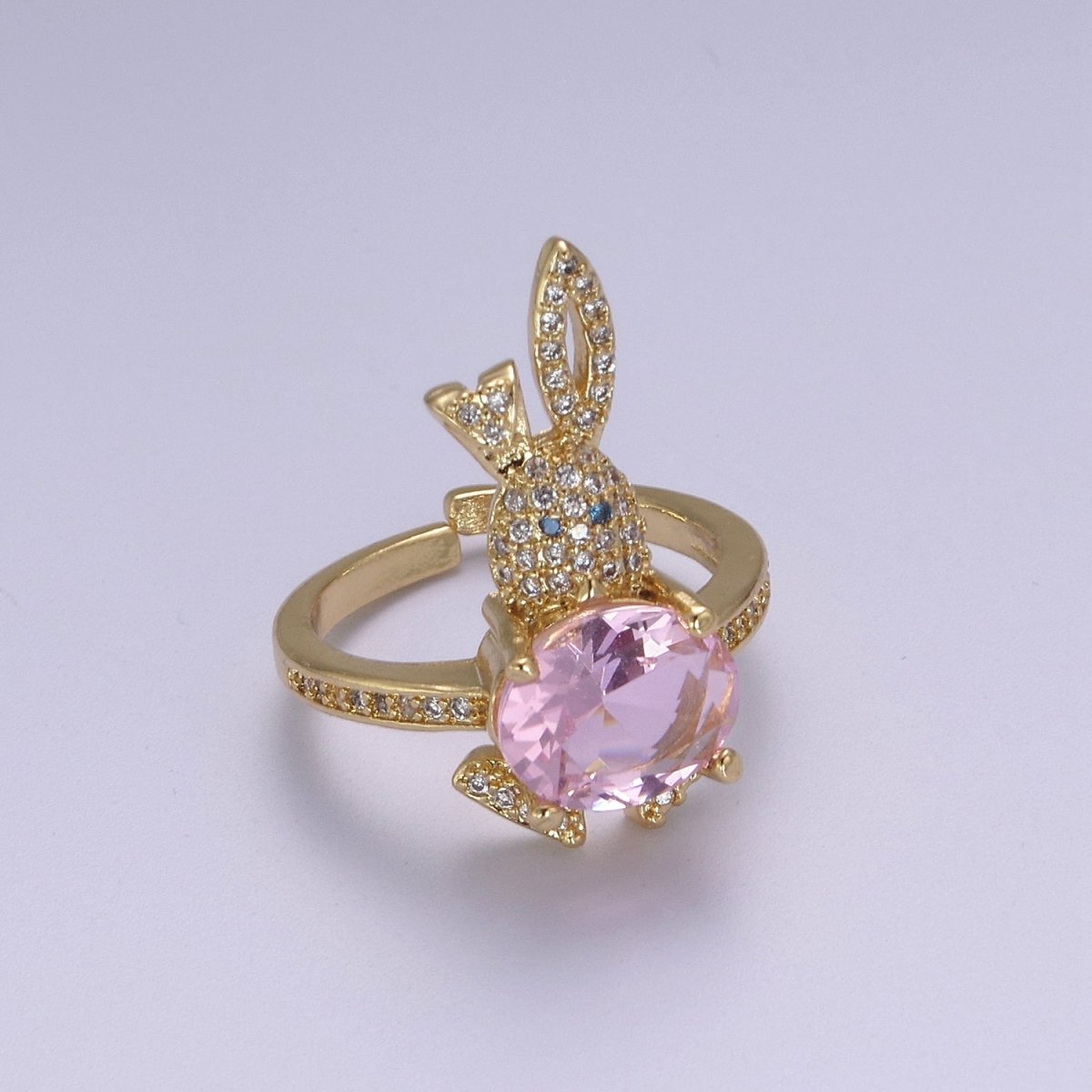 Micro Pave Easter Bunny Ring With Pink Cz Stone Rabbit Open Adjustable Ring S-373