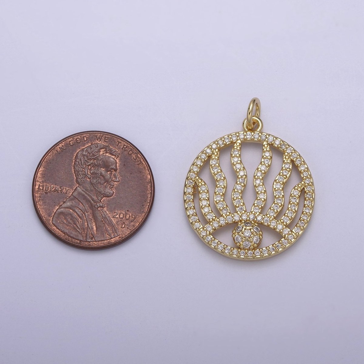 Micro Pave Evil Eye Charm Medallion Cubic Zirconia Coin Charm in 14k Gold Filled for Minimalist Jewelry N-801