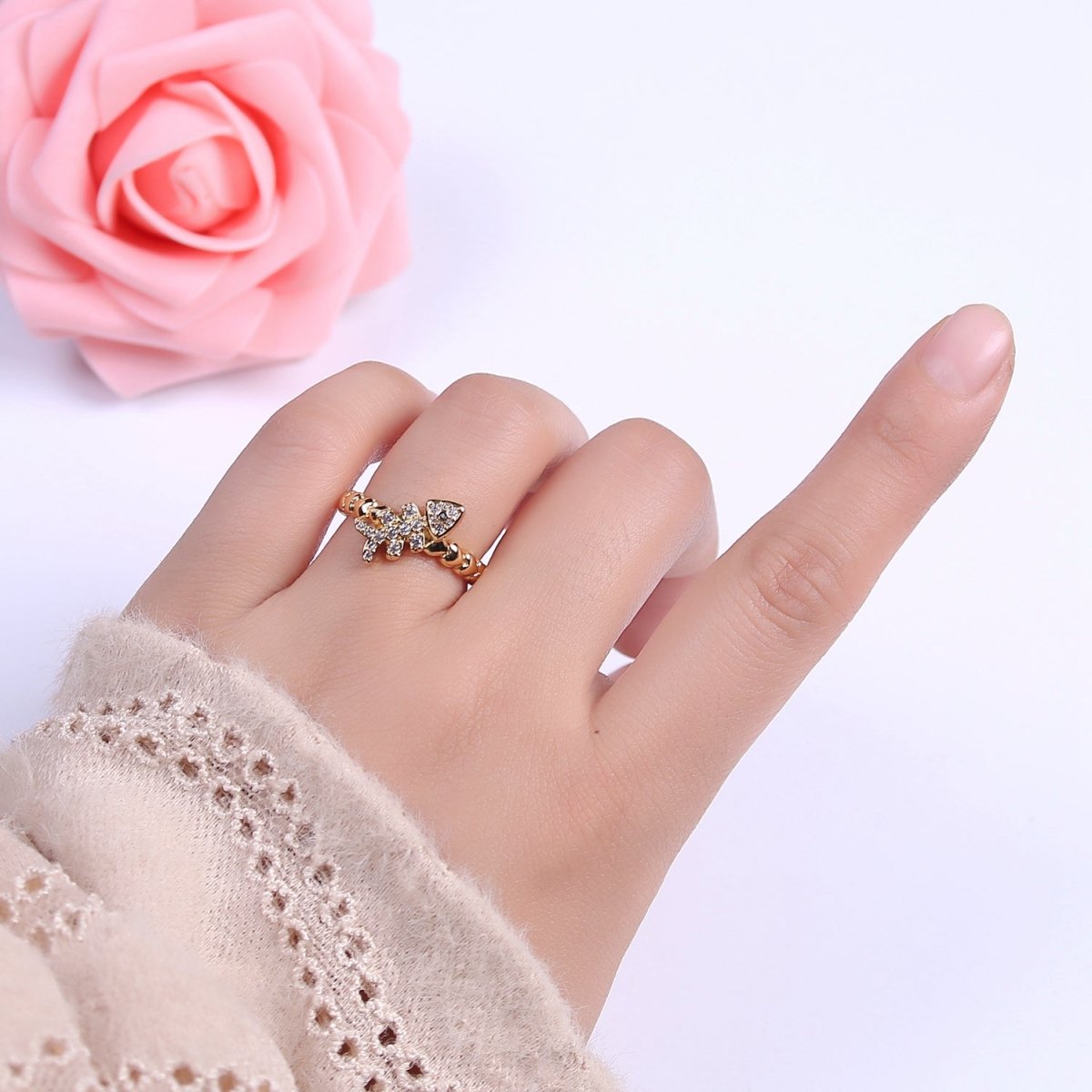 Micro Pave Fish Bone Ring, Heart Textured Gold Adjustable Band Ring, 24K Gold Filled Nature Ocean Wildlife Under The Sea Ring U-438