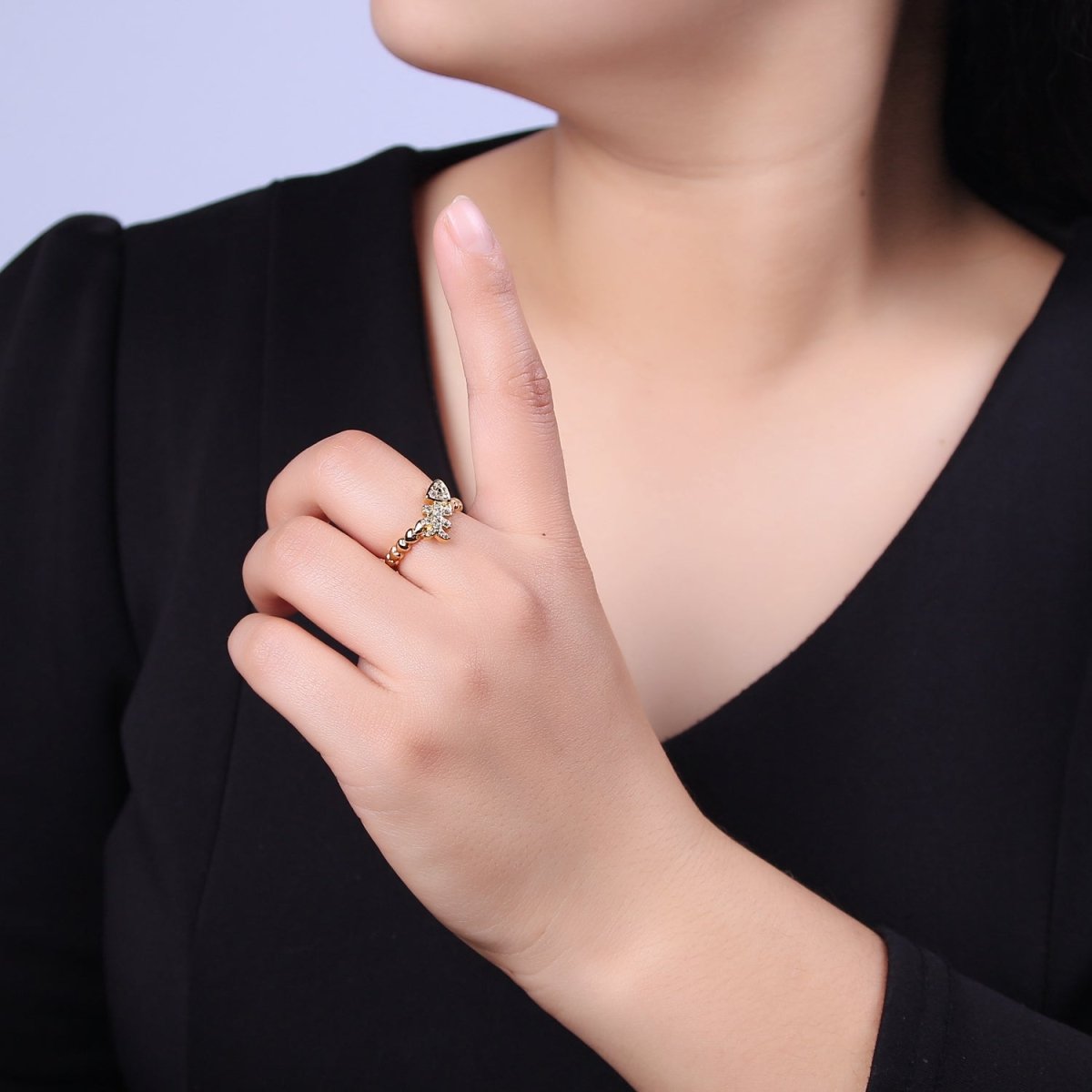 Micro Pave Fish Bone Ring, Heart Textured Gold Adjustable Band Ring, 24K Gold Filled Nature Ocean Wildlife Under The Sea Ring U-438