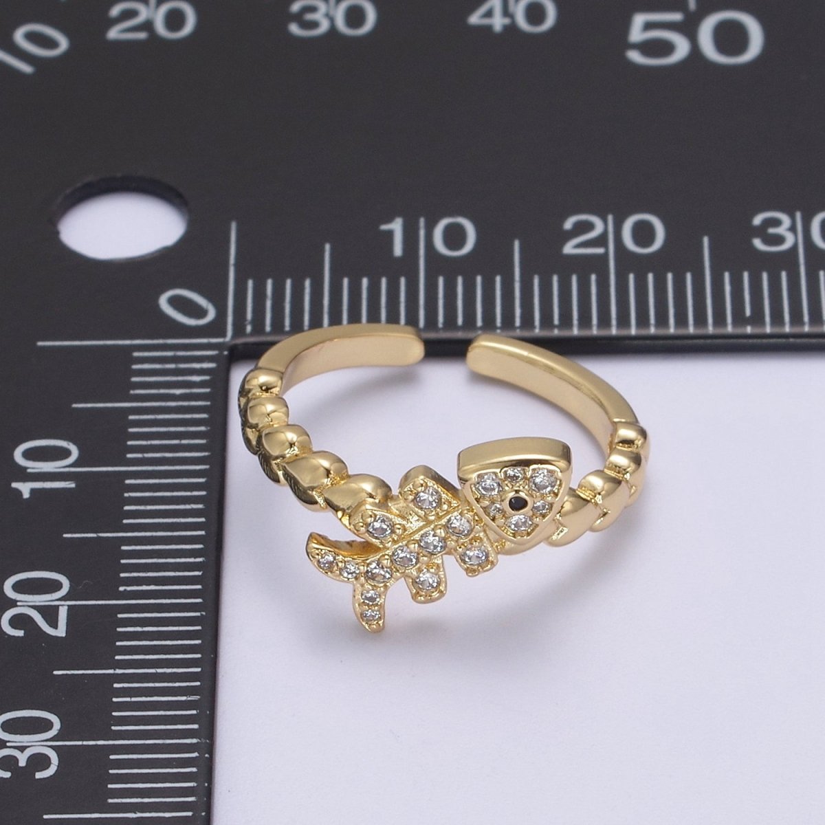 Micro Pave Fish Bone Ring, Heart Textured Gold Adjustable Band Ring, 24K Gold Filled Nature Ocean Wildlife Under The Sea Ring U-438