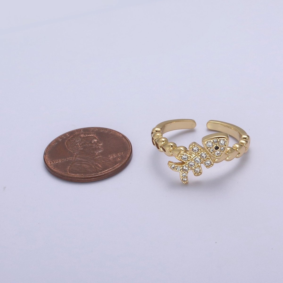 Micro Pave Fish Bone Ring, Heart Textured Gold Adjustable Band Ring, 24K Gold Filled Nature Ocean Wildlife Under The Sea Ring U-438