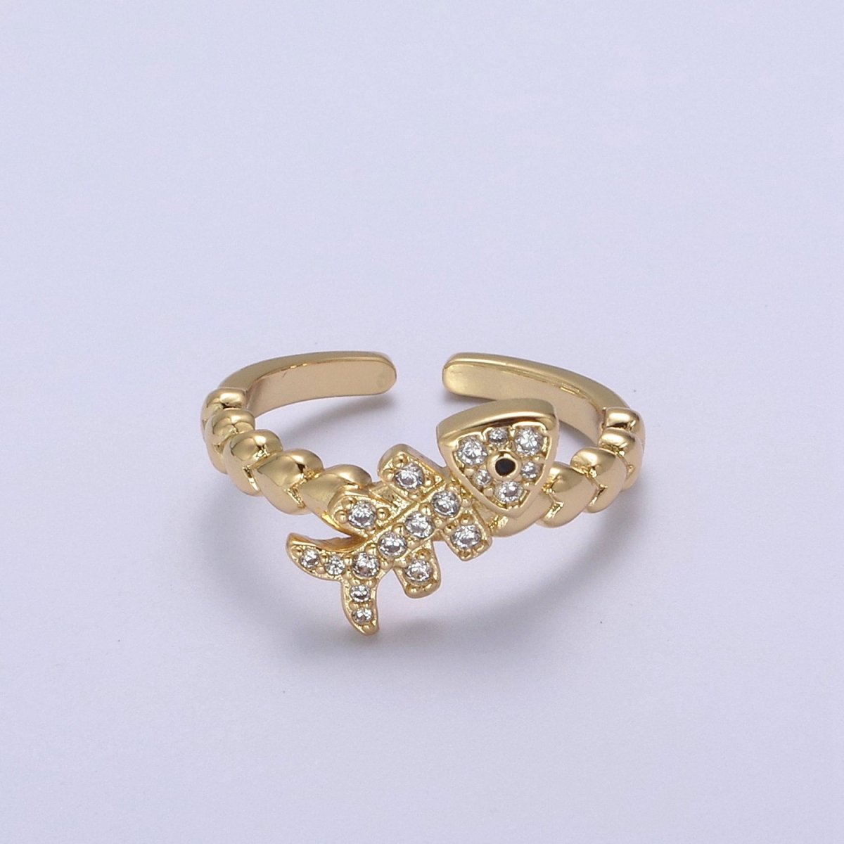 Micro Pave Fish Bone Ring, Heart Textured Gold Adjustable Band Ring, 24K Gold Filled Nature Ocean Wildlife Under The Sea Ring U-438