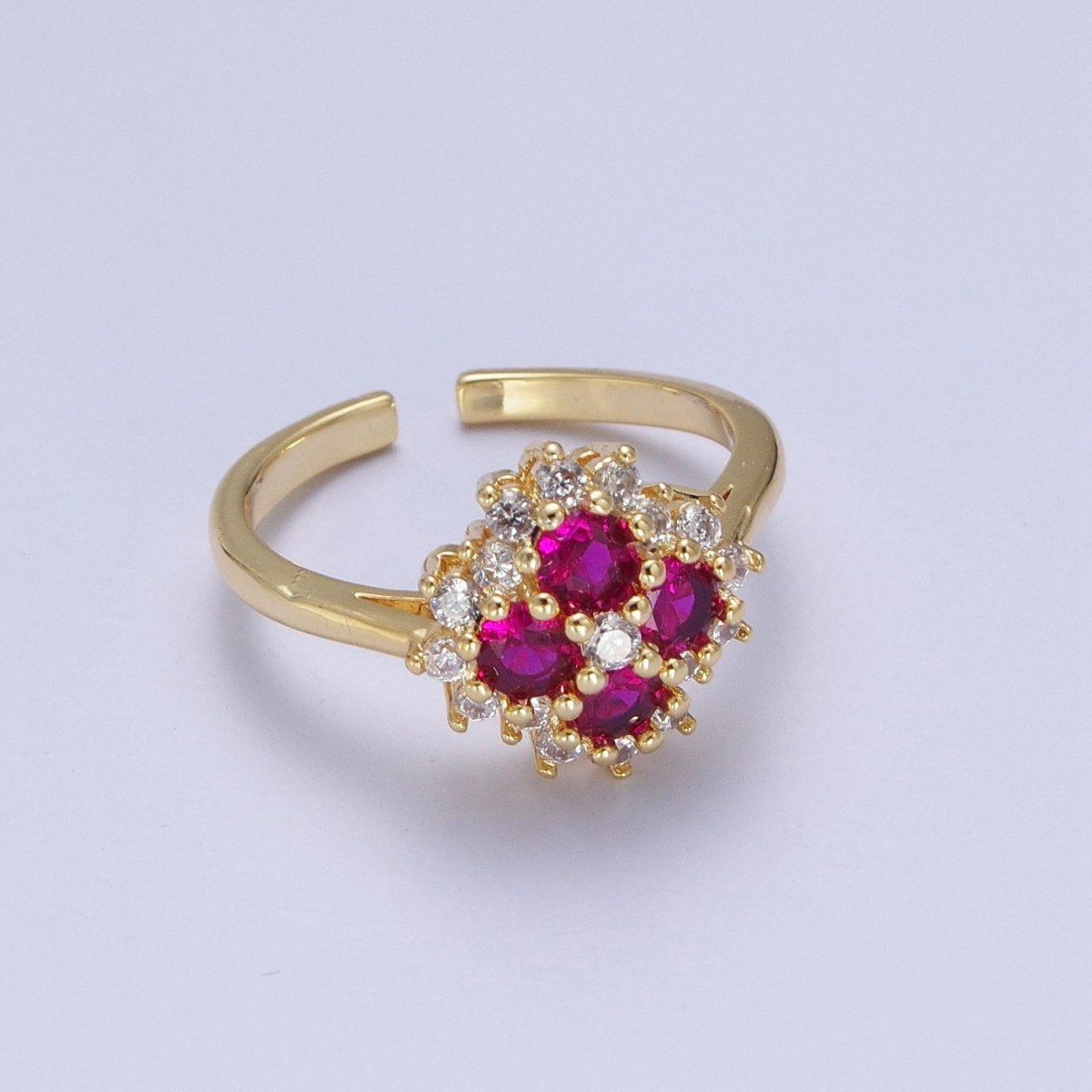 Micro Pave Four Fuchsia Cubic Zirconia Flower Adjustable Gold Ring S-221