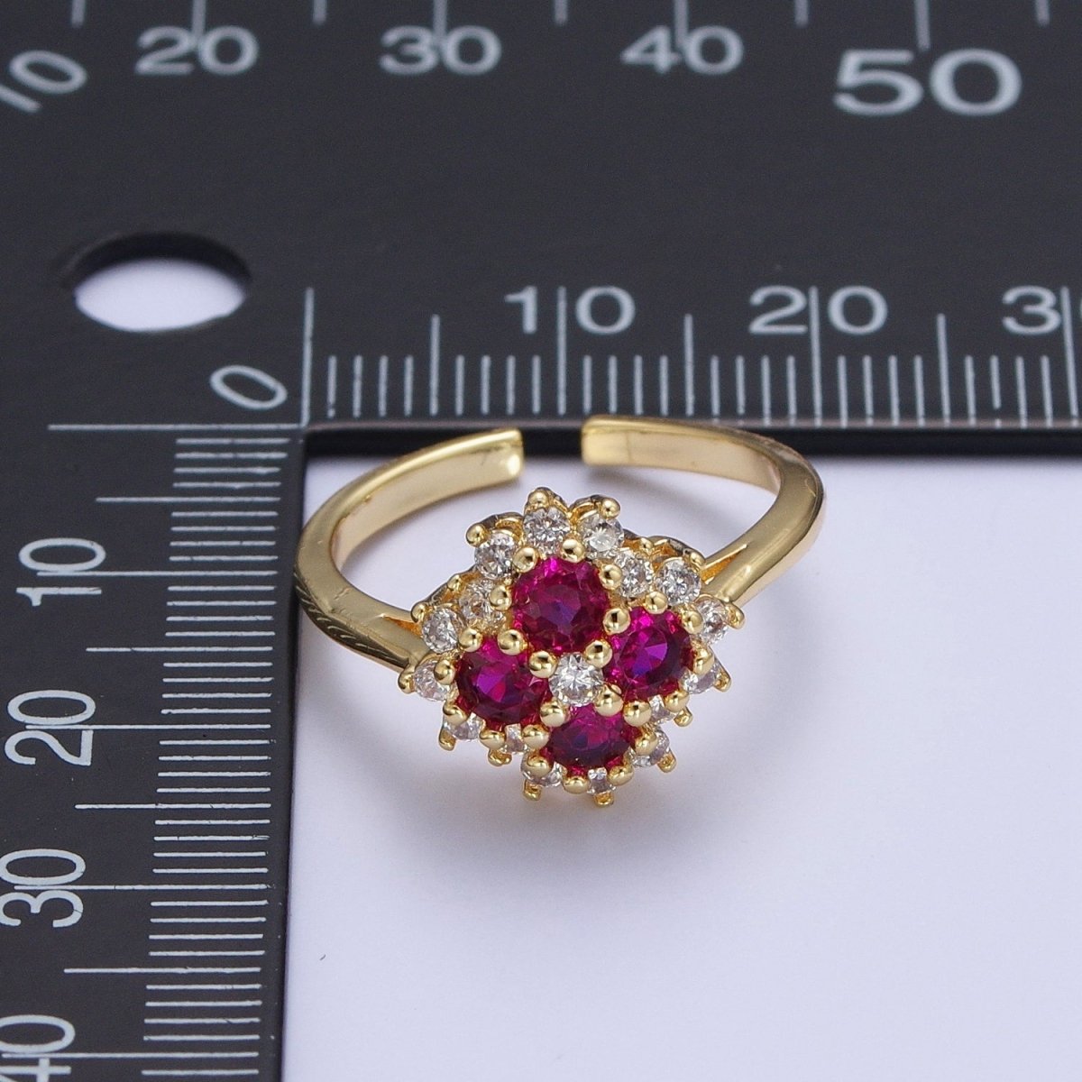 Micro Pave Four Fuchsia Cubic Zirconia Flower Adjustable Gold Ring S-221