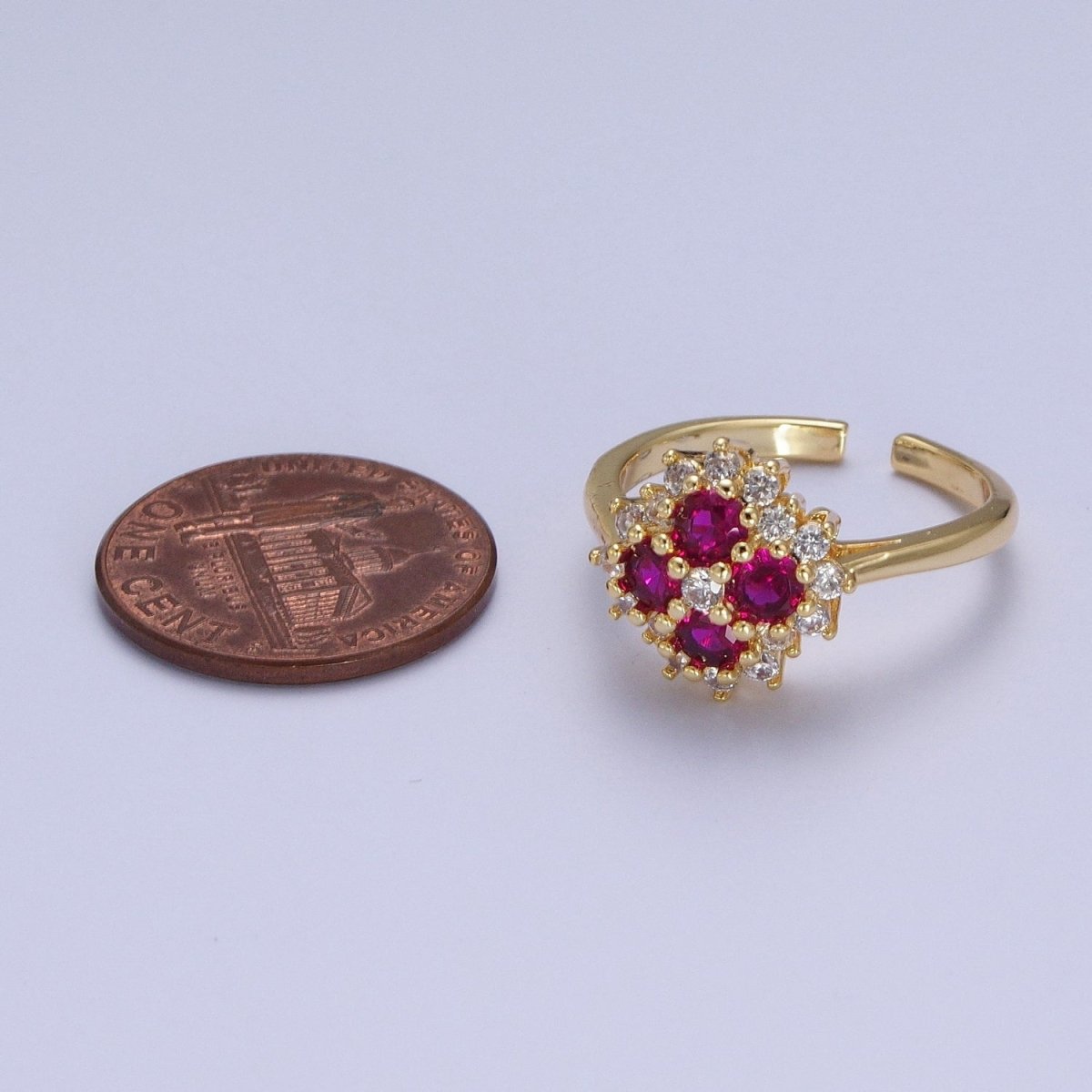 Micro Pave Four Fuchsia Cubic Zirconia Flower Adjustable Gold Ring S-221