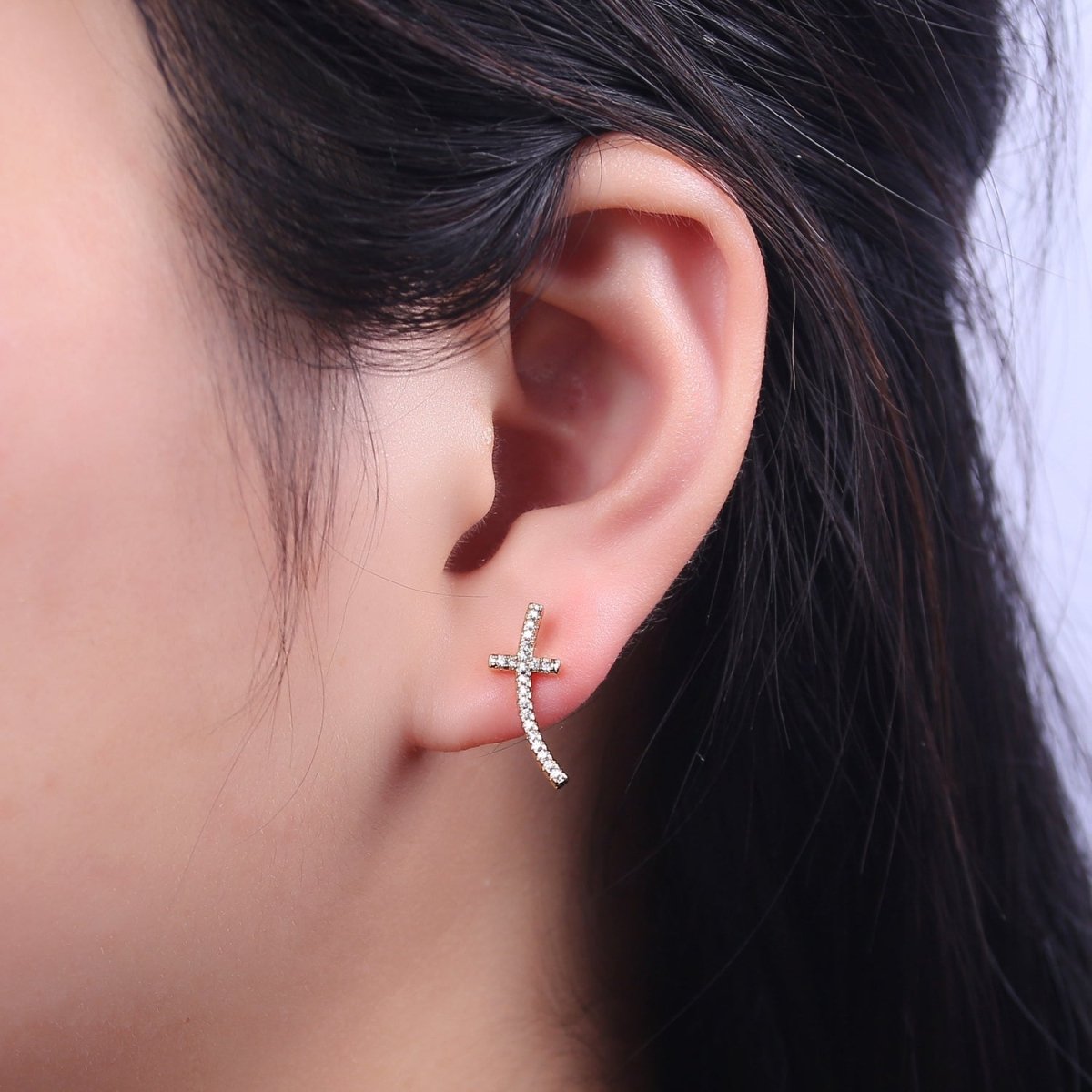 Micro Pave Gold Cross Stud Earring T-293
