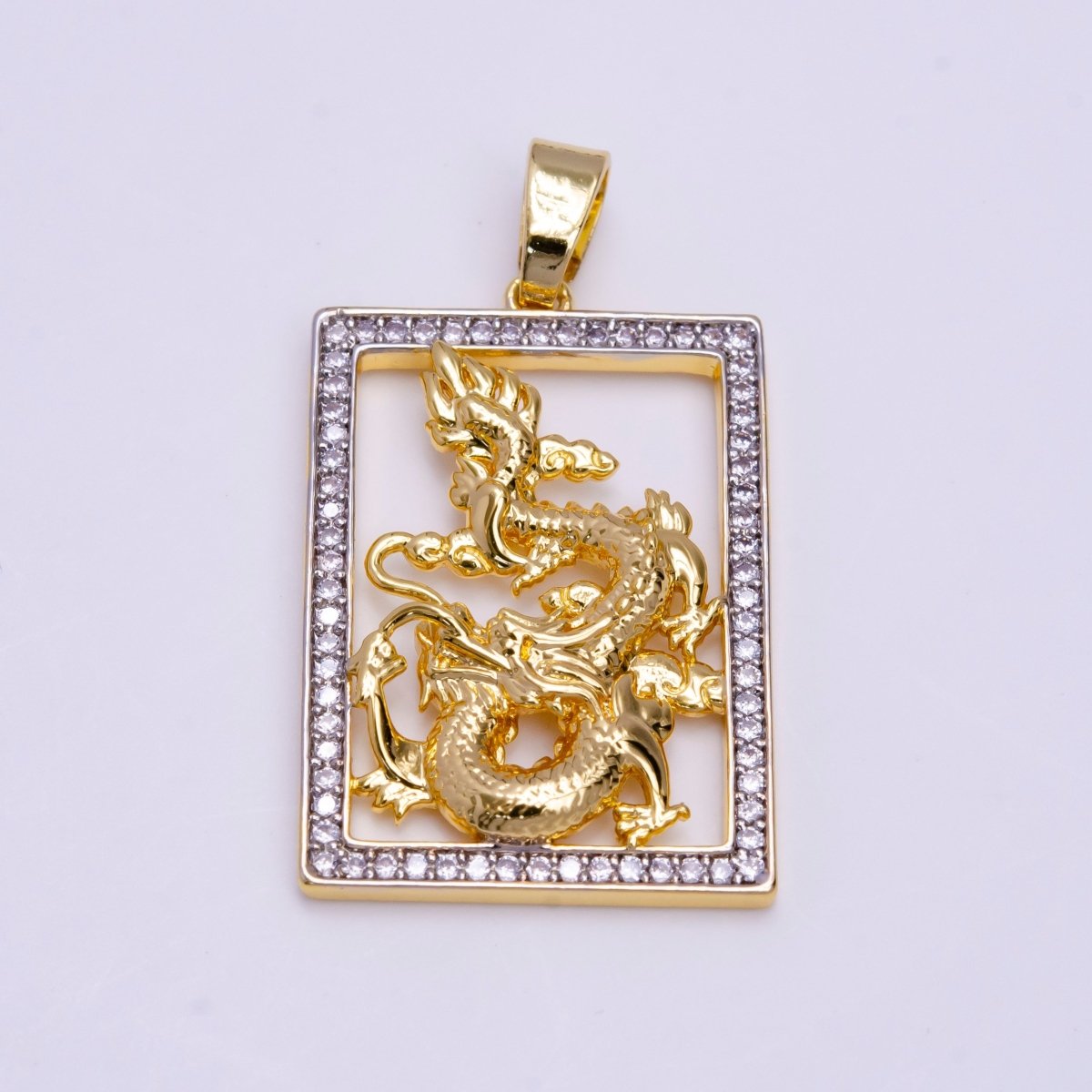 Micro Pave Gold Dragon Tablet Pendant Chinese Zodiac Charm Frame Necklace Pendant AA-754