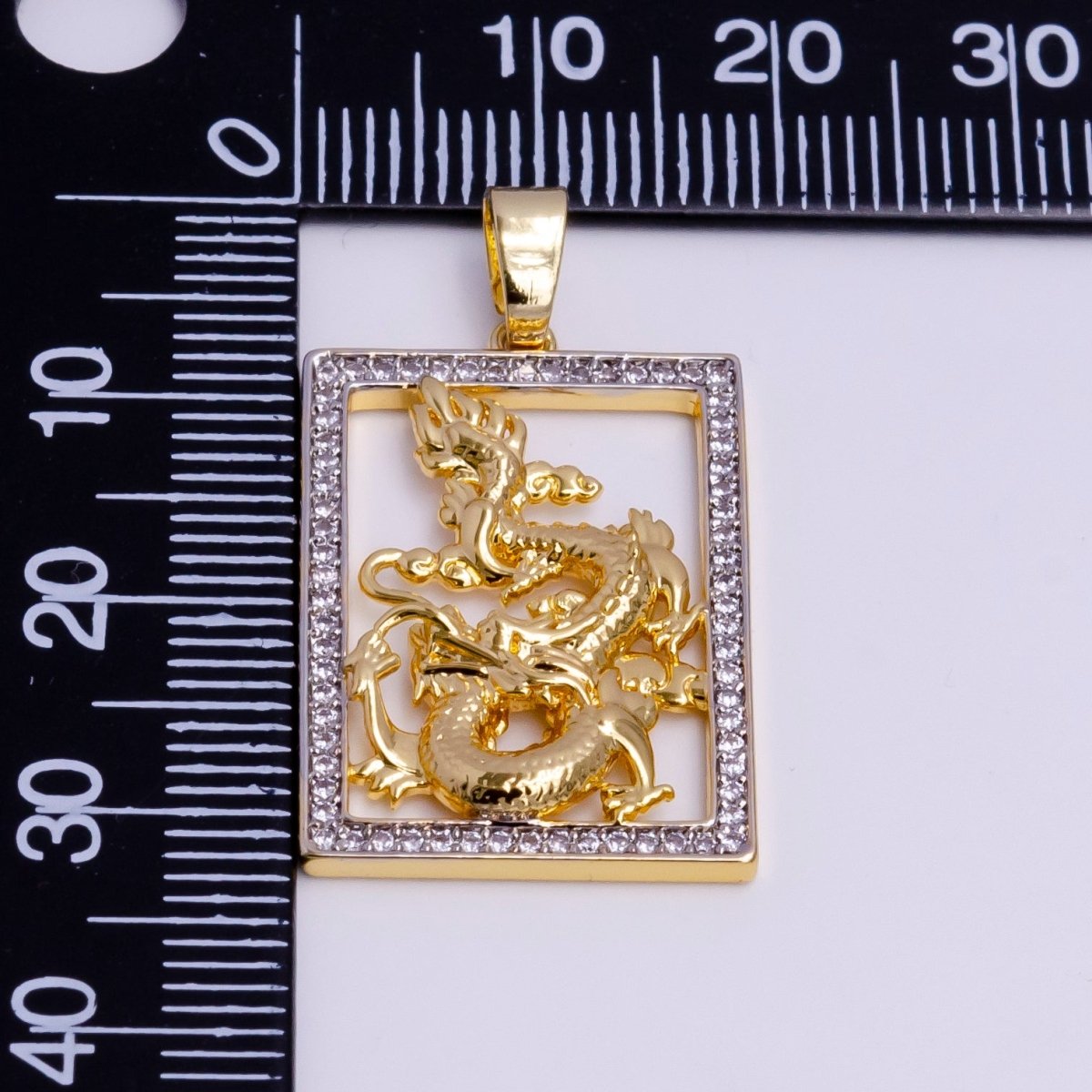 Micro Pave Gold Dragon Tablet Pendant Chinese Zodiac Charm Frame Necklace Pendant AA-754