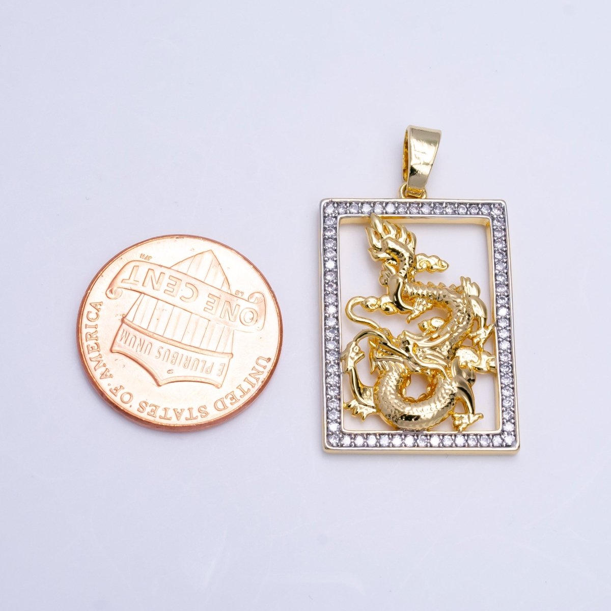 Micro Pave Gold Dragon Tablet Pendant Chinese Zodiac Charm Frame Necklace Pendant AA-754
