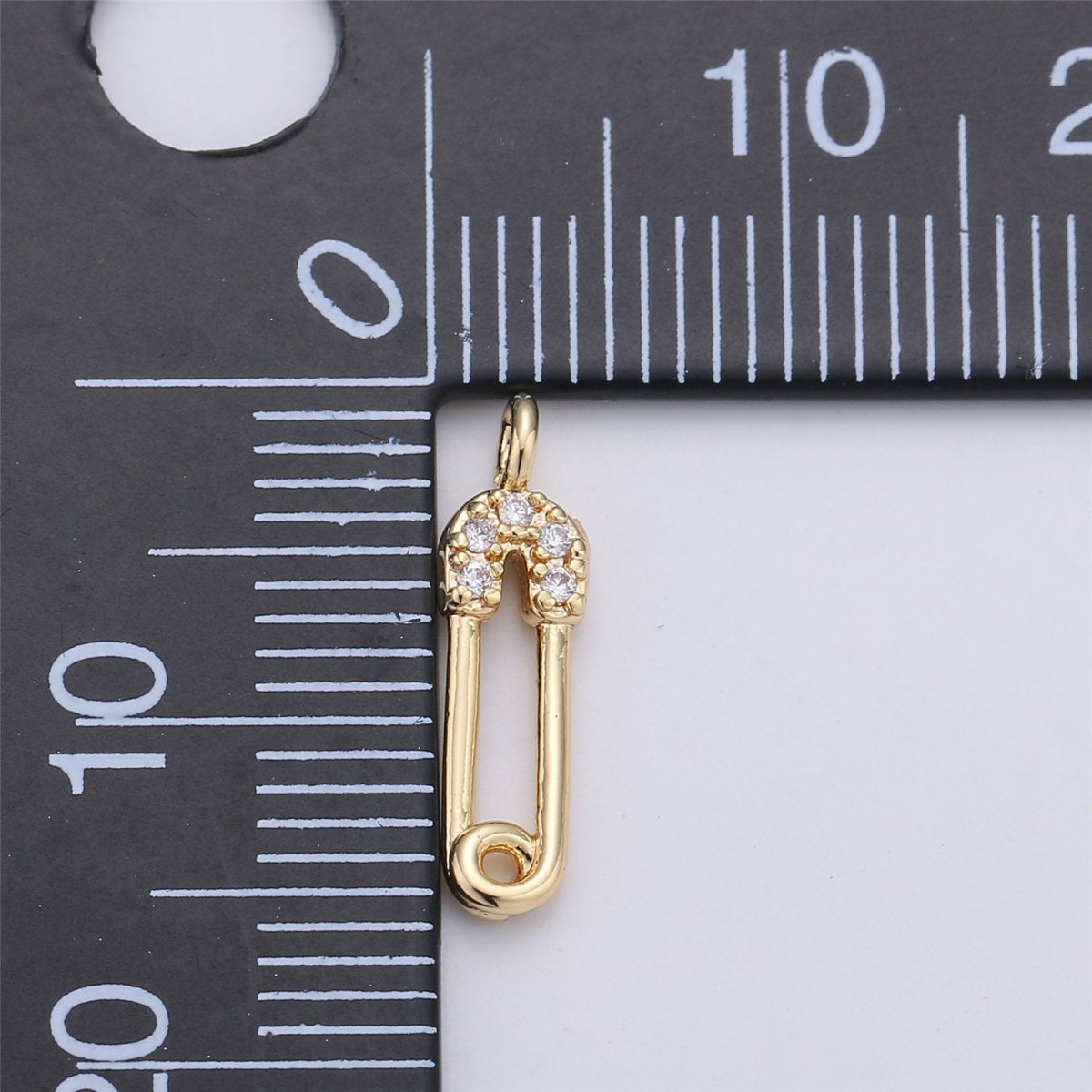 Micro Pave Gold Safety Pin Charms, Cubic Zirconia Charm for Necklace Bracelet Earring Charm, Pin, 16x4mm | C-664