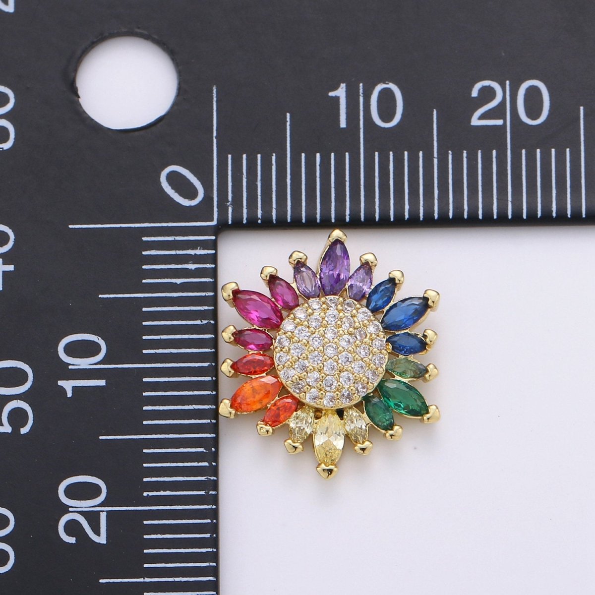 Micro Pave Gold Sunflower Charm Colorful Cubic Zirconia Necklace Pendant 14k Gold Filled Rainbow Sun Flower Charm for Jewelry Making D-386