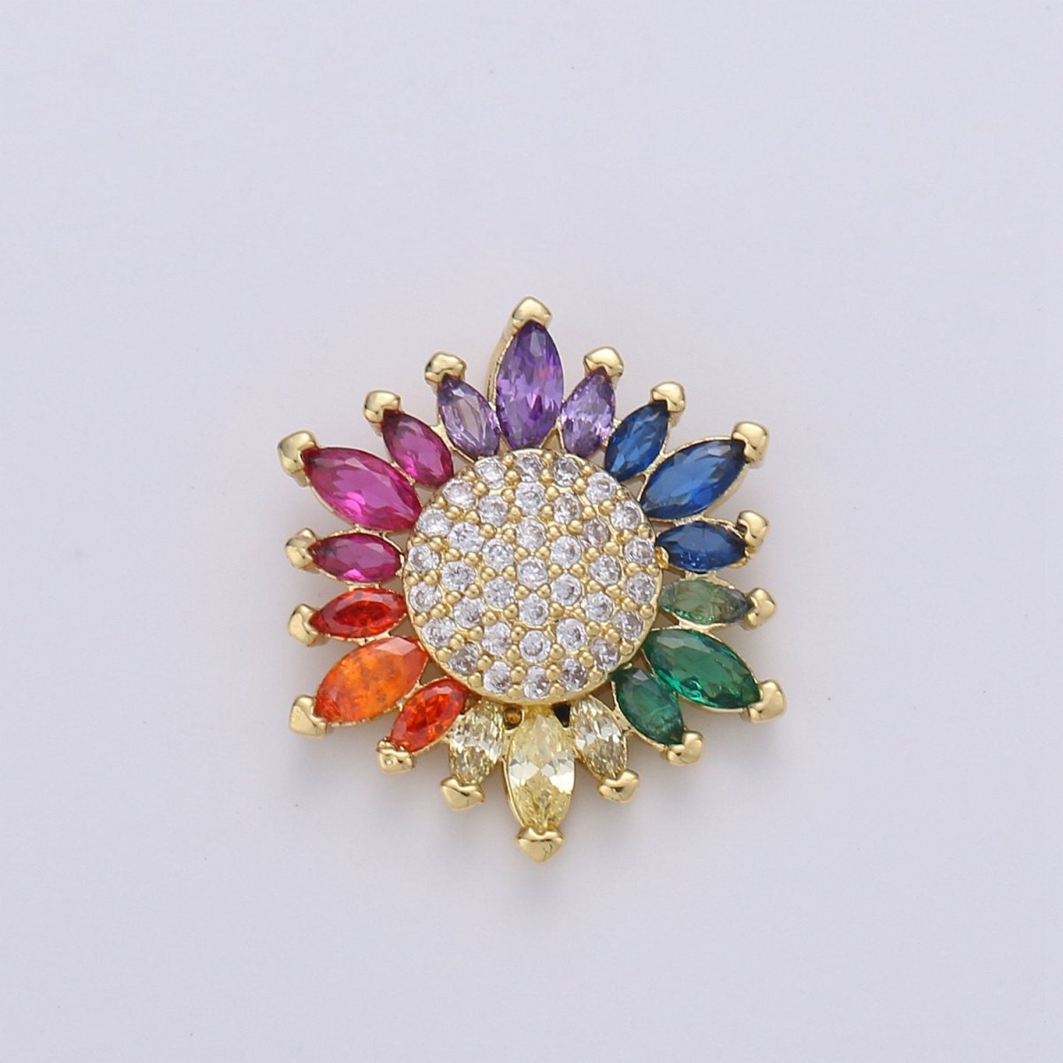 Micro Pave Gold Sunflower Charm Colorful Cubic Zirconia Necklace Pendant 14k Gold Filled Rainbow Sun Flower Charm for Jewelry Making D-386