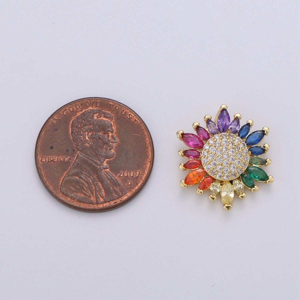 Micro Pave Gold Sunflower Charm Colorful Cubic Zirconia Necklace Pendant 14k Gold Filled Rainbow Sun Flower Charm for Jewelry Making D-386