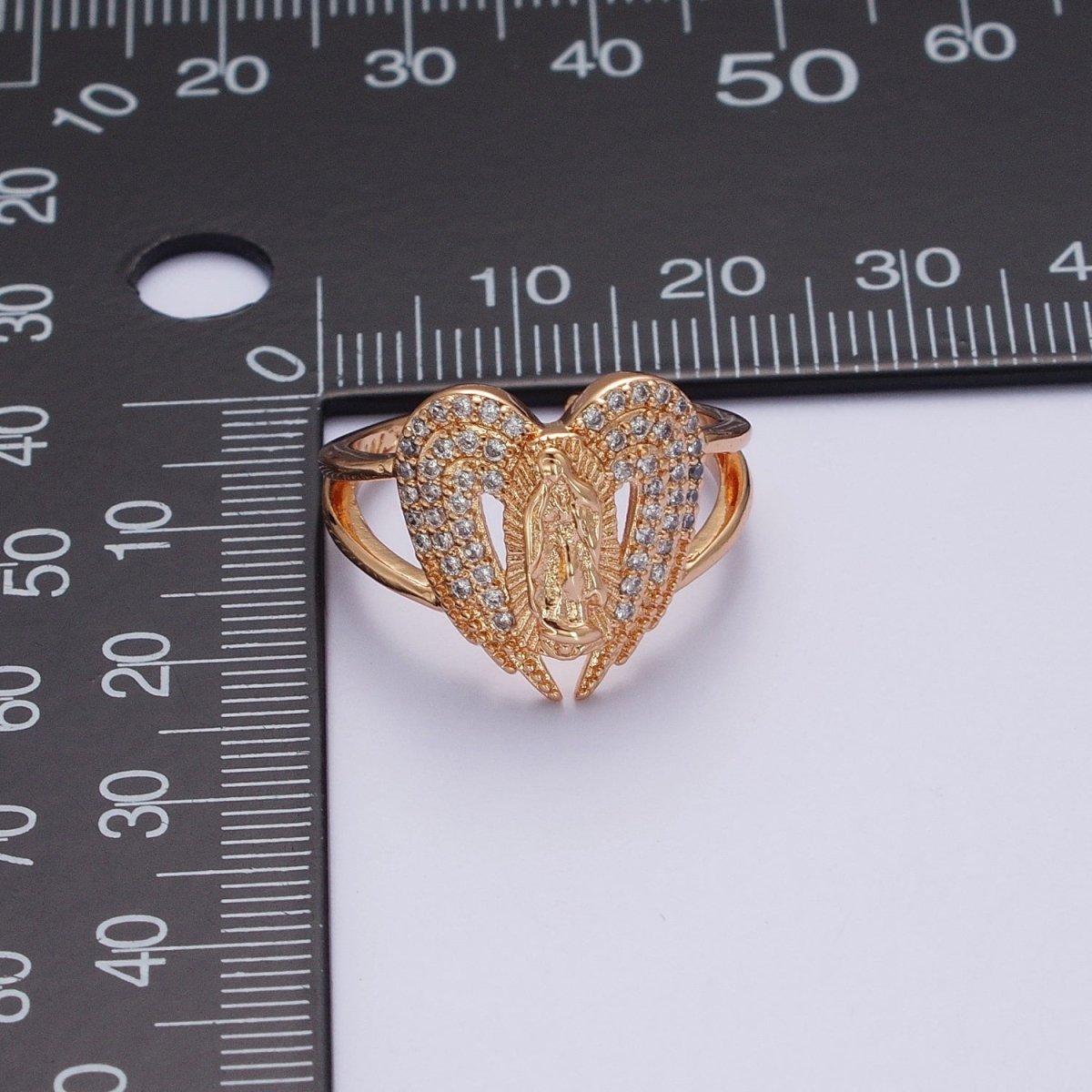 Micro Pave Gold Vintage Lady Guadalupe Ring with Angel Wing for Statement Religious Jewelry O-1989