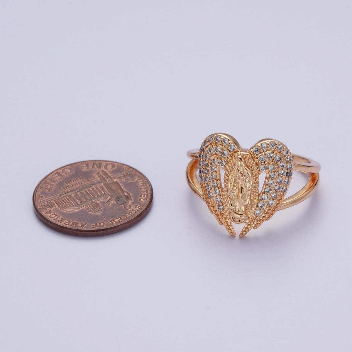 Micro Pave Gold Vintage Lady Guadalupe Ring with Angel Wing for Statement Religious Jewelry O-1989