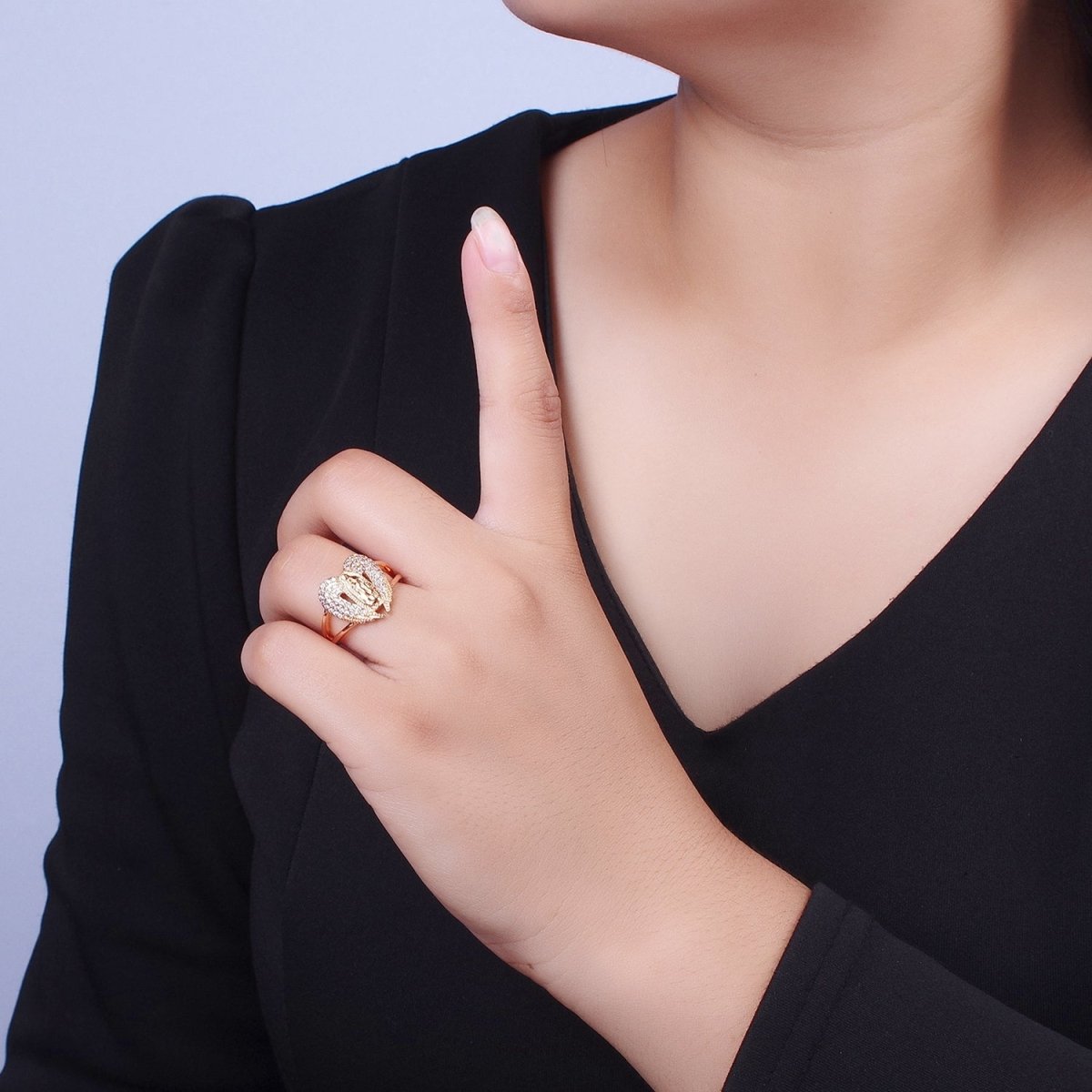 Micro Pave Gold Vintage Lady Guadalupe Ring with Angel Wing for Statement Religious Jewelry O-1989