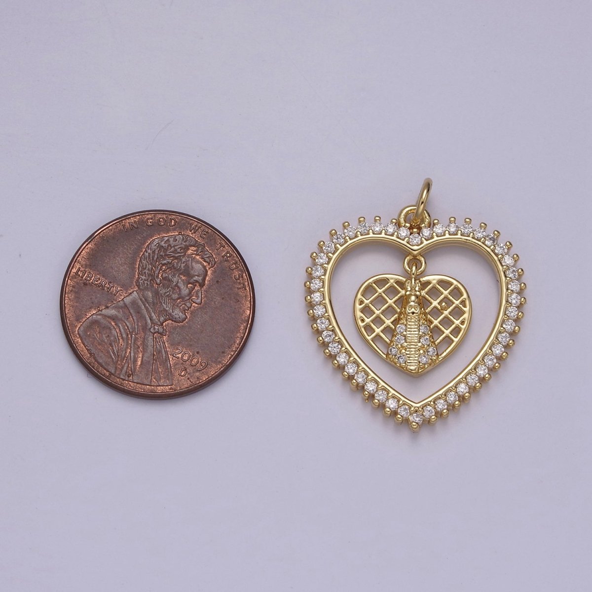 Micro Pave Heart Charm Dangle Dual CZ Heart in 14k Gold Filled N-918