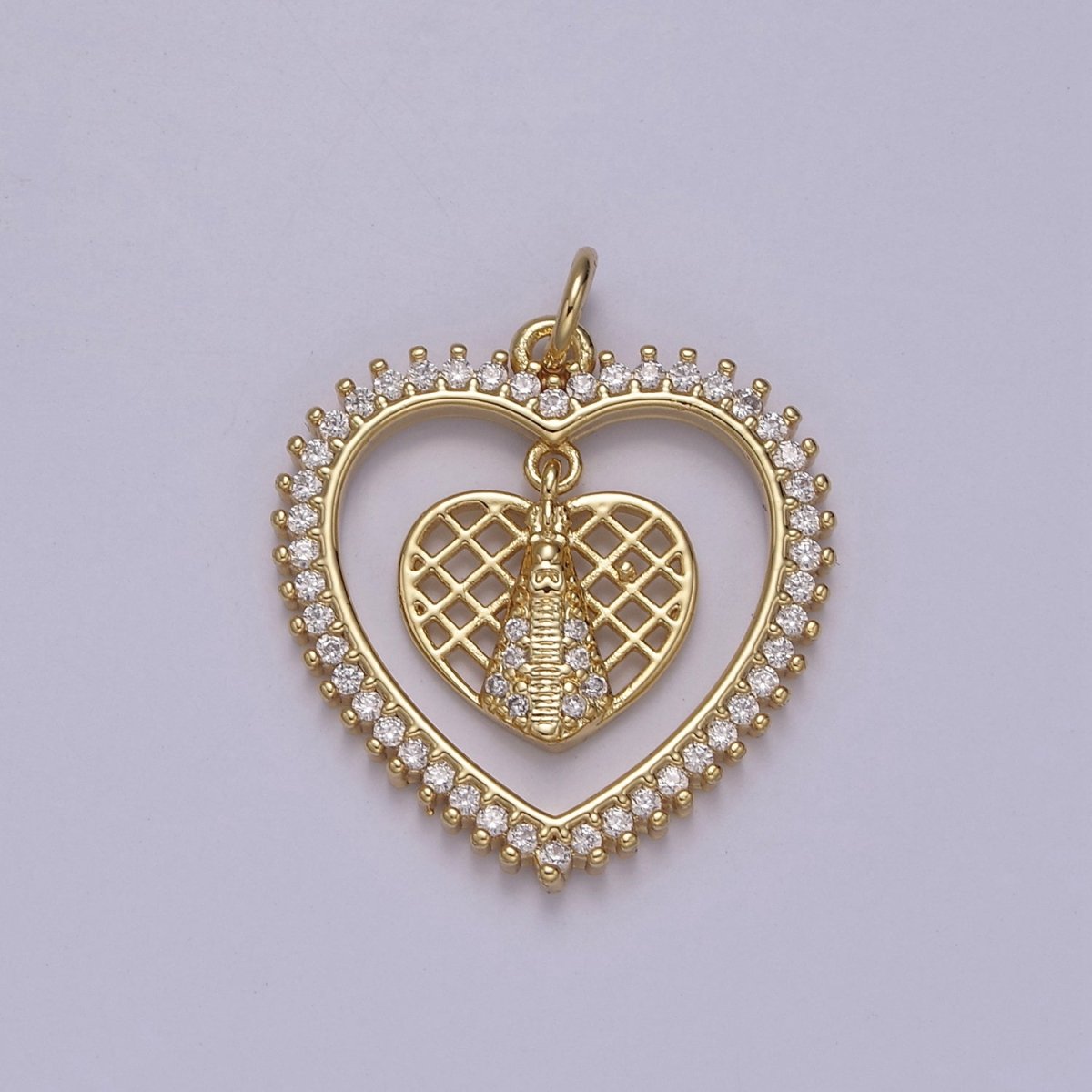 Micro Pave Heart Charm Dangle Dual CZ Heart in 14k Gold Filled N-918