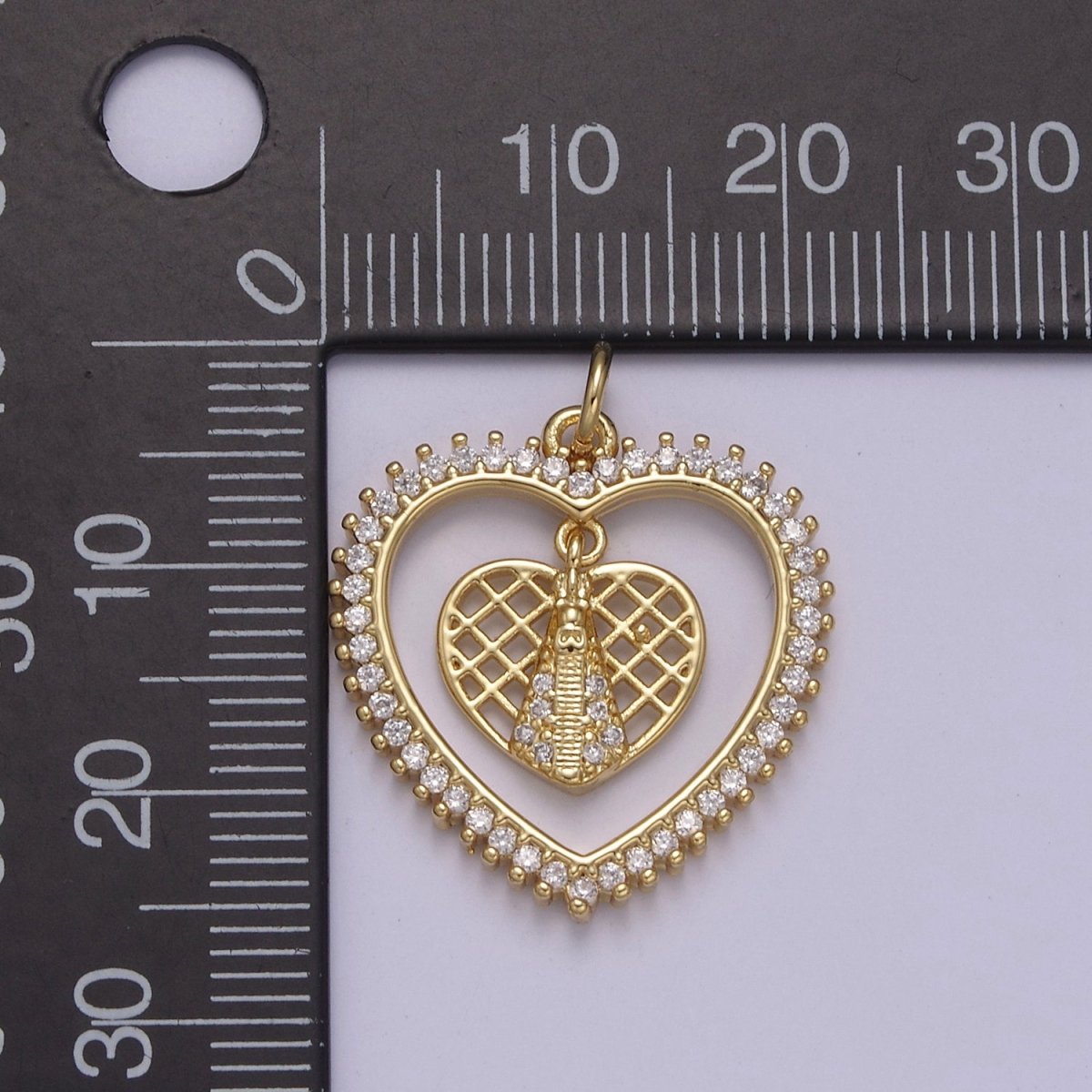 Micro Pave Heart Charm Dangle Dual CZ Heart in 14k Gold Filled N-918
