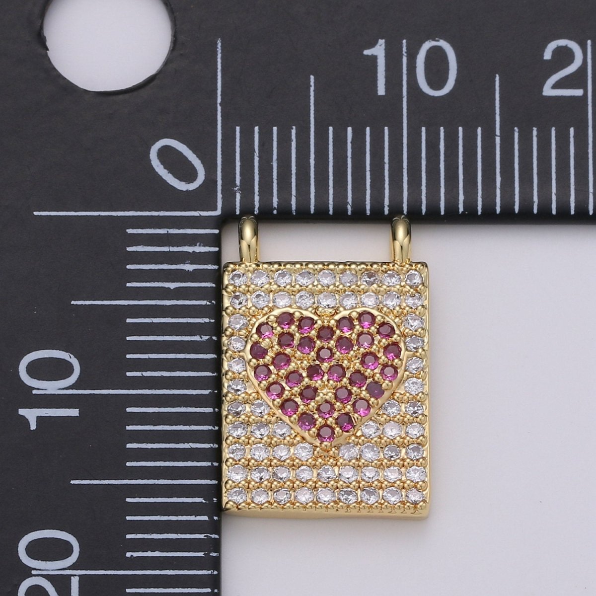 Micro Pave Heart Charm for Necklace Gold Heart Banner charm with double bail connector F-402