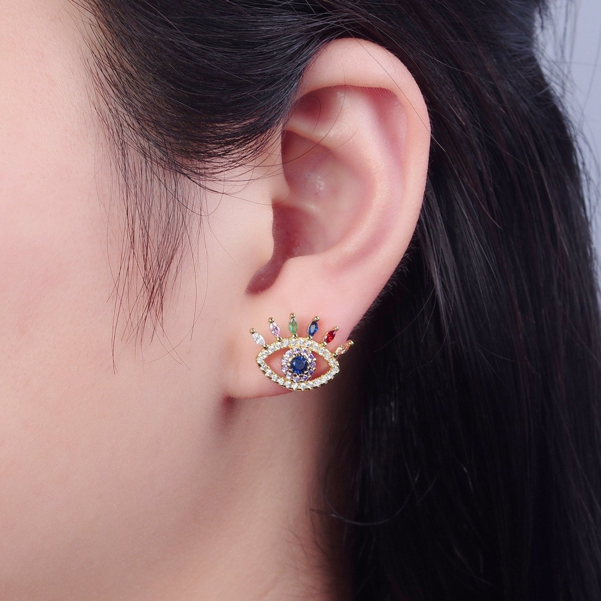 Micro Pave Multicolor CZ Evil Eye Stud Earrings V419