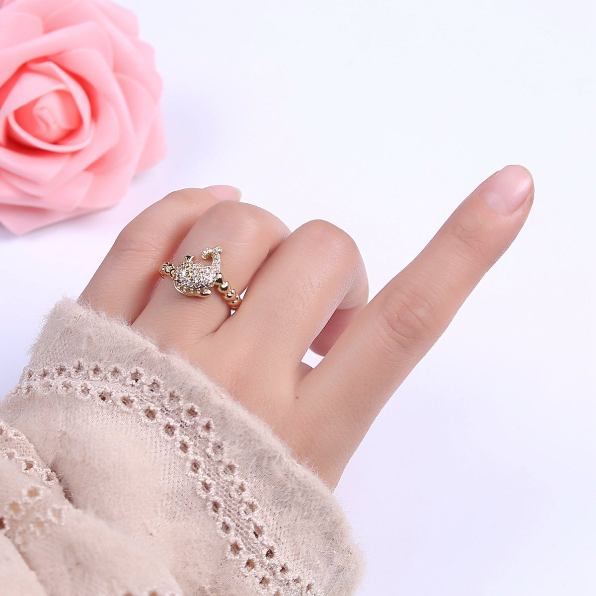 Micro Pave Whale Ring, Heart Textured Gold Adjustable Band Ring, 24K Gold Filled Nature Ocean Wildlife Under The Sea Ring U-439