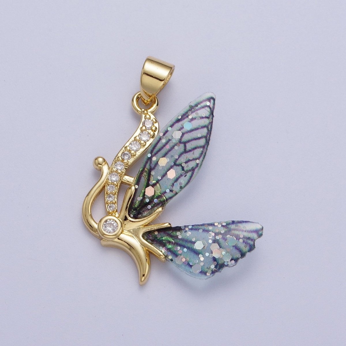 Micro Paved Antenna Butterfly Fairy Fuchsia, Blue Wings Pendant H-063 H-640