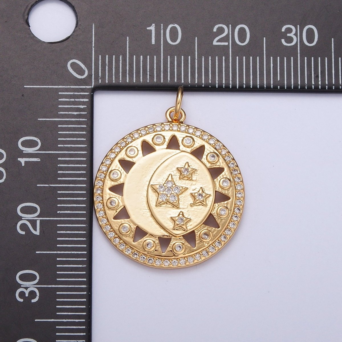 Micro Paved Celestial Sun Crescent Moon Stars Medallion Charm | X-112
