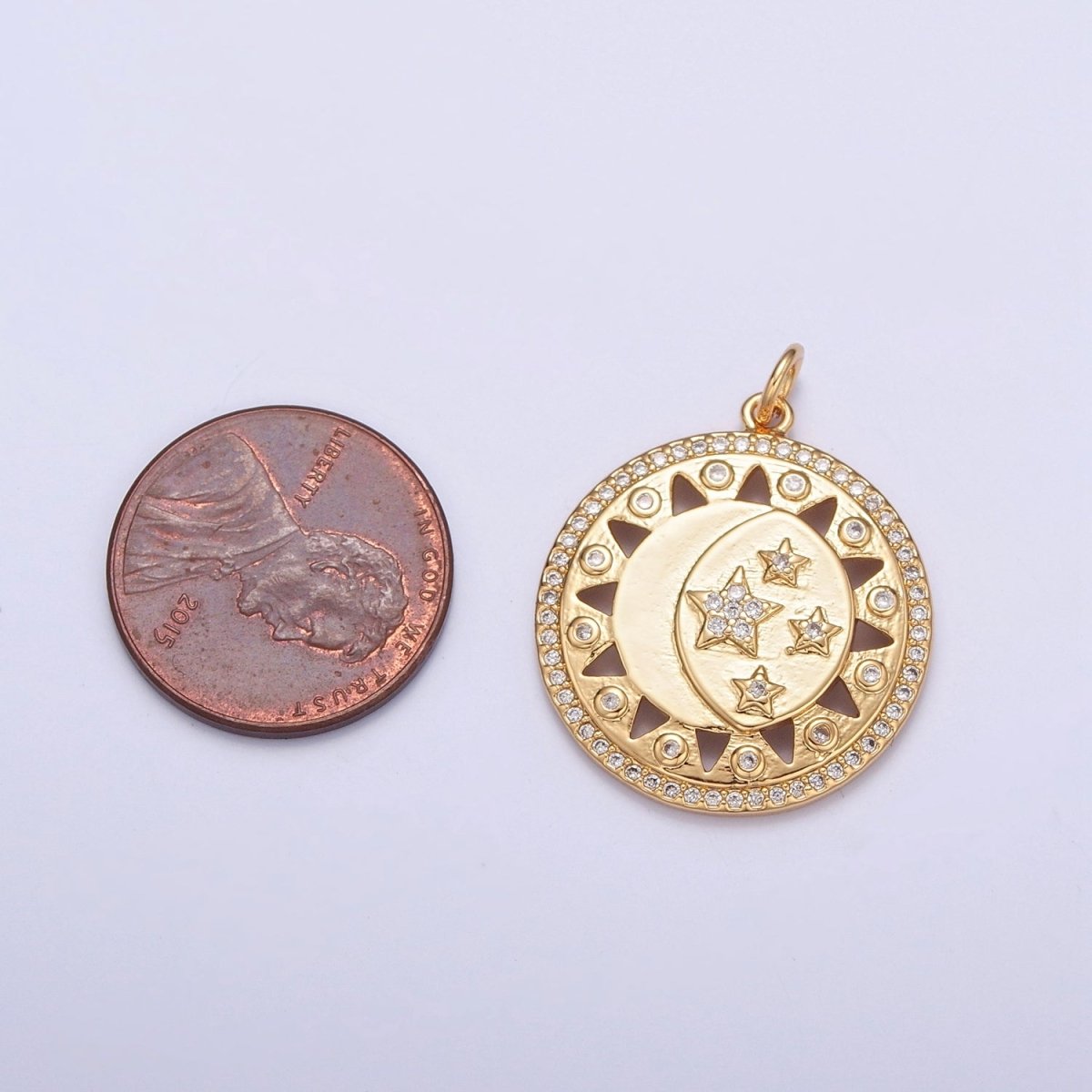 Micro Paved Celestial Sun Crescent Moon Stars Medallion Charm | X-112