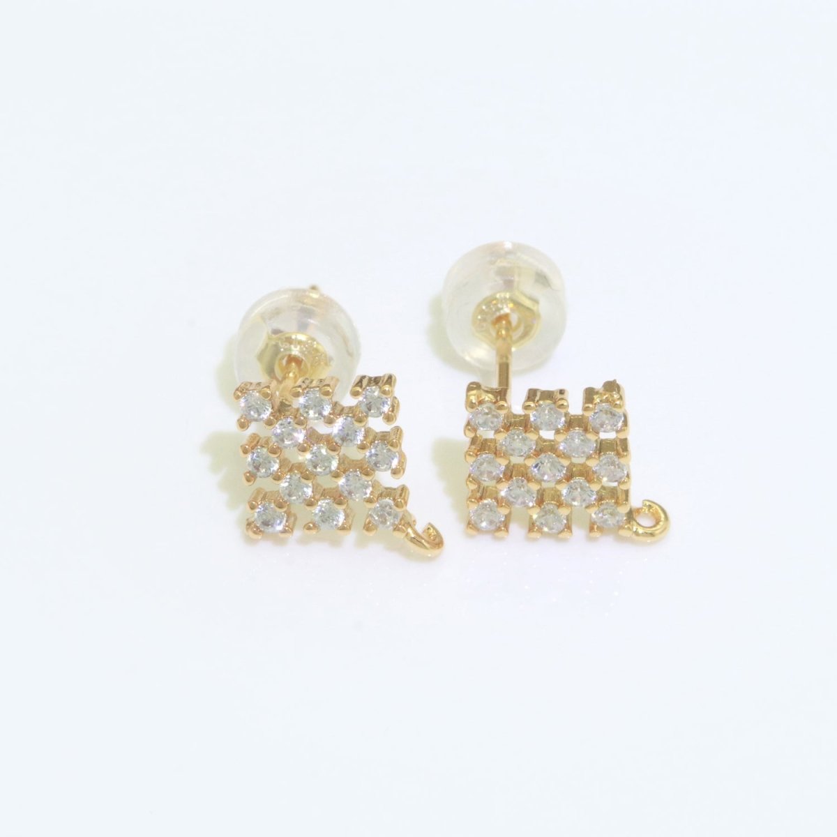 Micro Paved Clear Cubic Zirconia Checkered Rhombus Gold Studs Open Loop Drop Earrings Supply  L-490