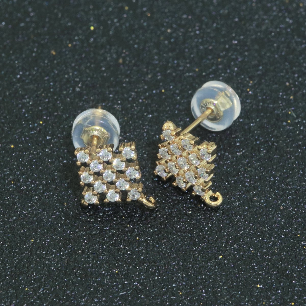 Micro Paved Clear Cubic Zirconia Checkered Rhombus Gold Studs Open Loop Drop Earrings Supply  L-490