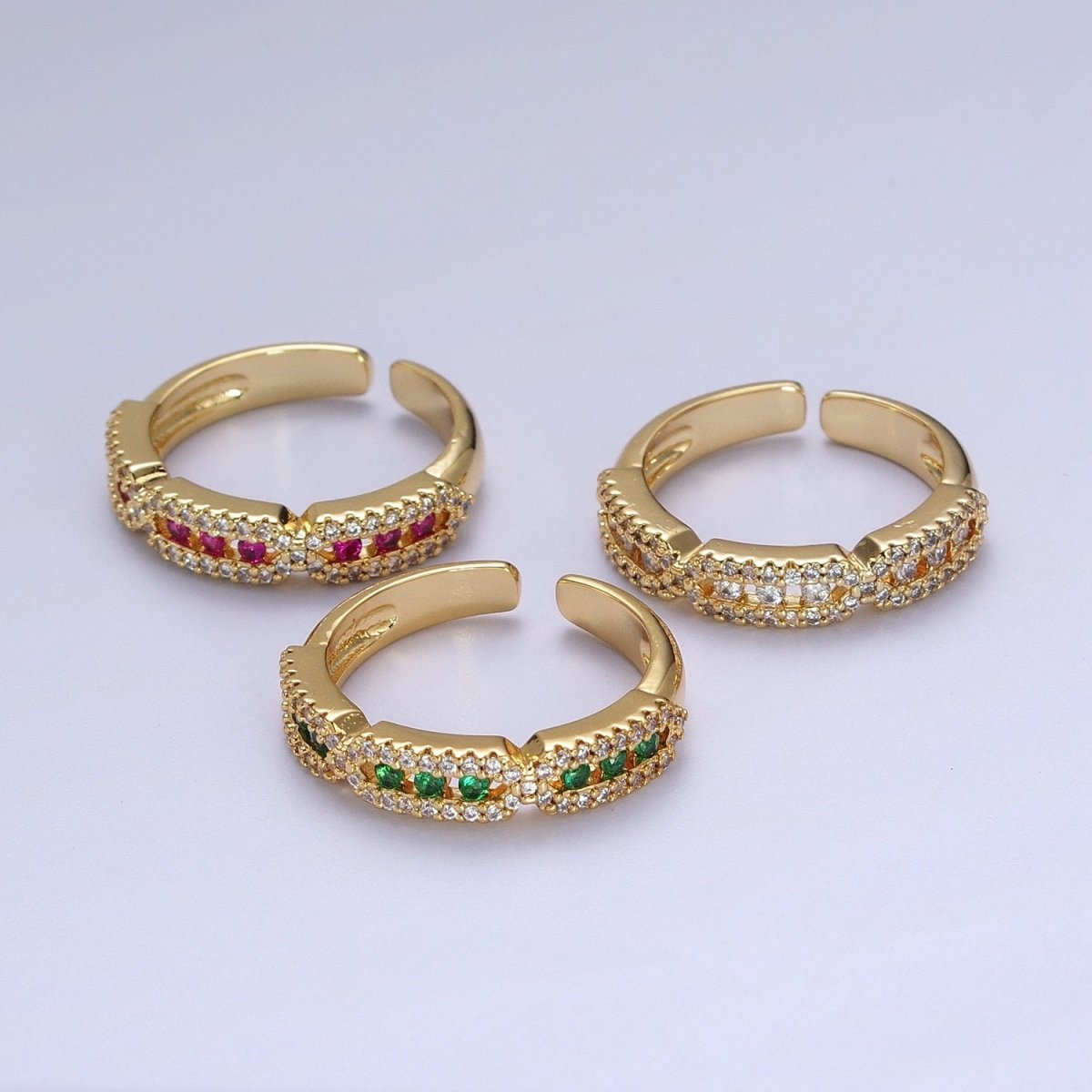 Micro Paved Clear, Green, Fuchsia Rectangular Hexagon Geometric Ring | Y030 Y031 Y032