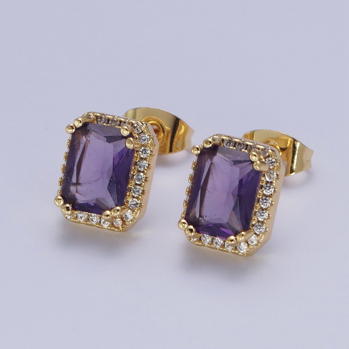 Micro Paved Clear Pink Purple Green Baguette Cubic Zirconia Gold Stud Earrings | AD-548~AD-551