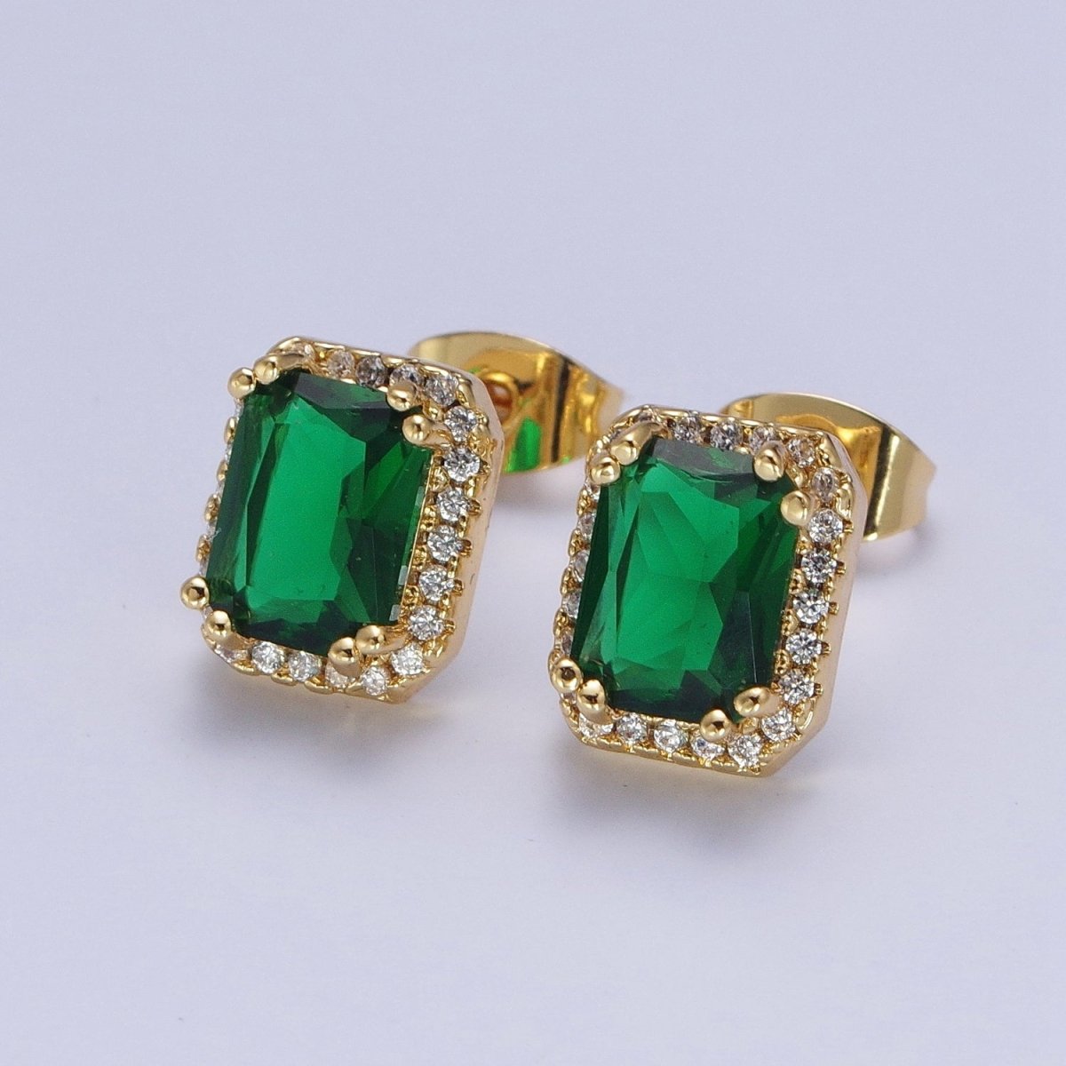Micro Paved Clear Pink Purple Green Baguette Cubic Zirconia Gold Stud Earrings | AD-548~AD-551