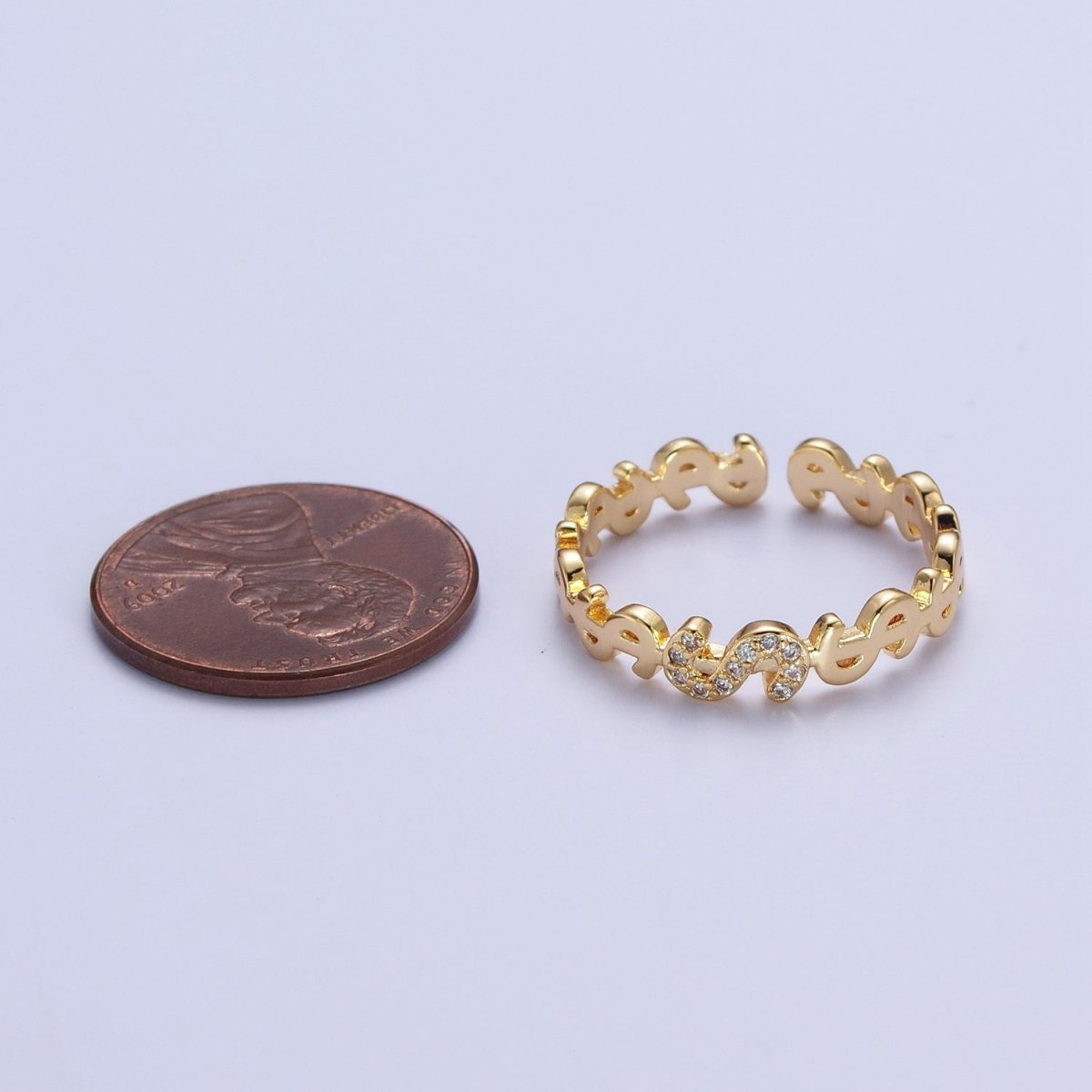 Micro Paved Cubic Zirconia Dollar Bill $ Link Adjustable Gold Ring | S-278