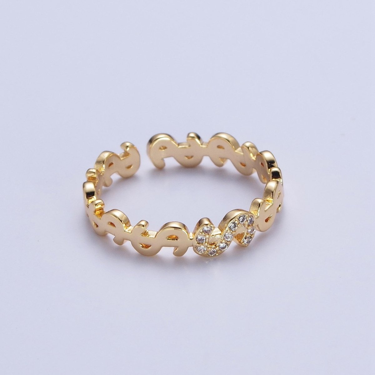 Micro Paved Cubic Zirconia Dollar Bill $ Link Adjustable Gold Ring | S-278