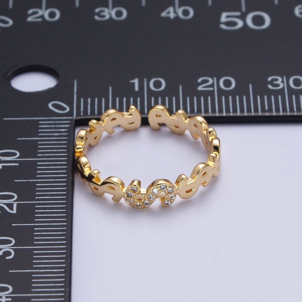 Micro Paved Cubic Zirconia Dollar Bill $ Link Adjustable Gold Ring | S-278