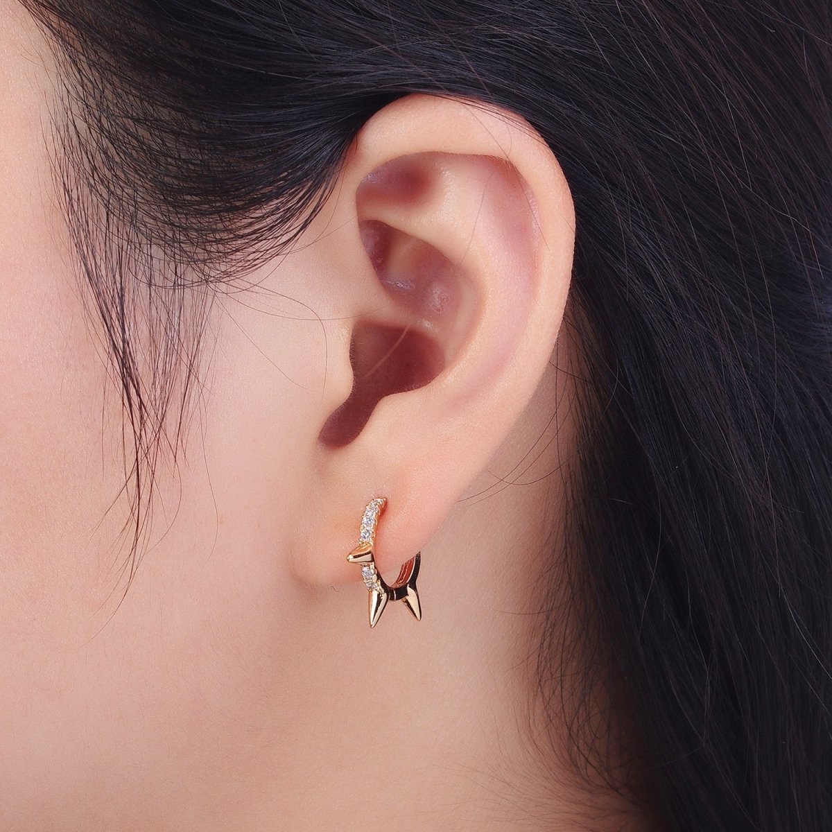 Micro Paved CZ 13mm Spike Teeth Huggie Hoop Pinky Gold Earrings P-497