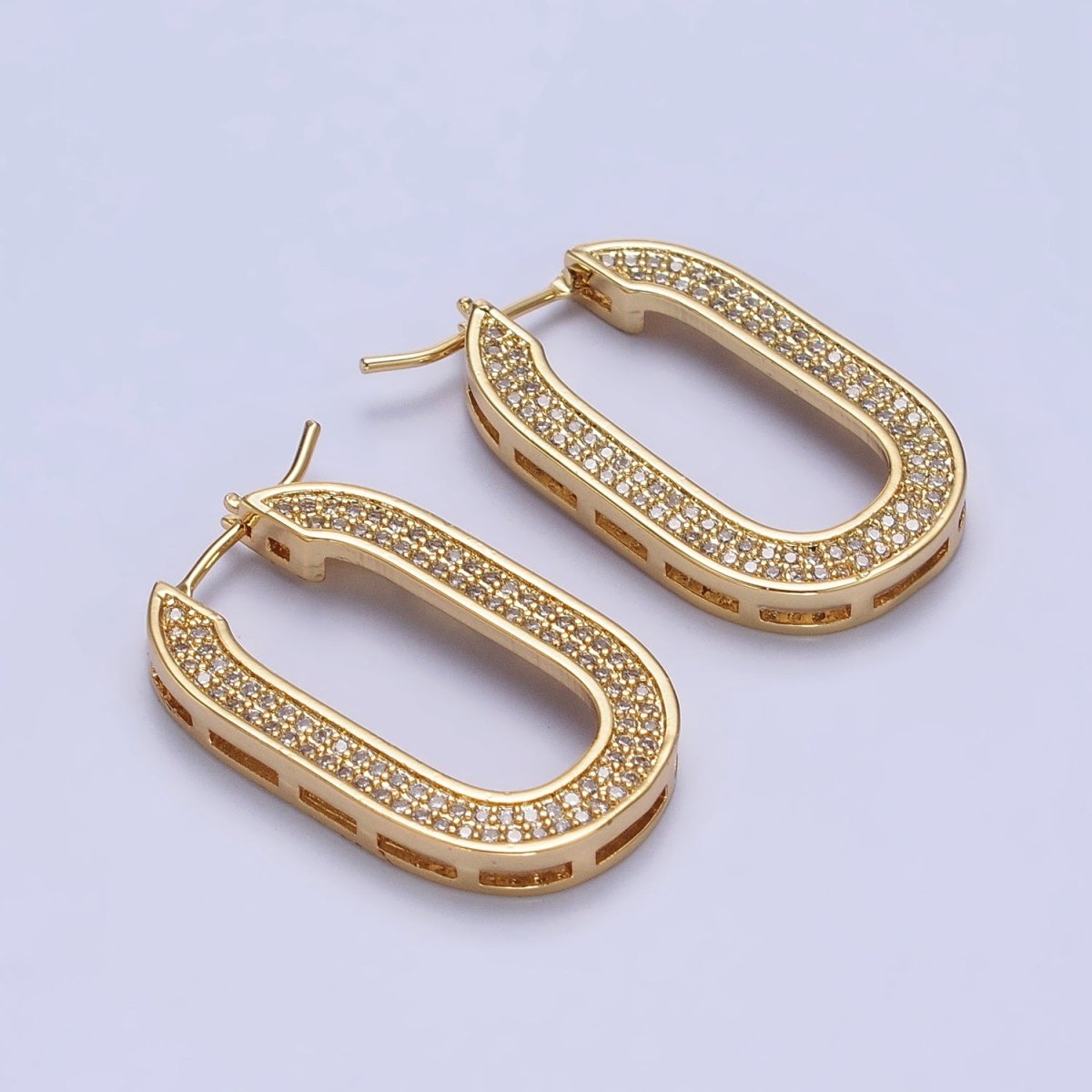 Micro Paved CZ 30mm Oblong U-Shaped Latch Earrings in Gold & Silver | AB174 AB175