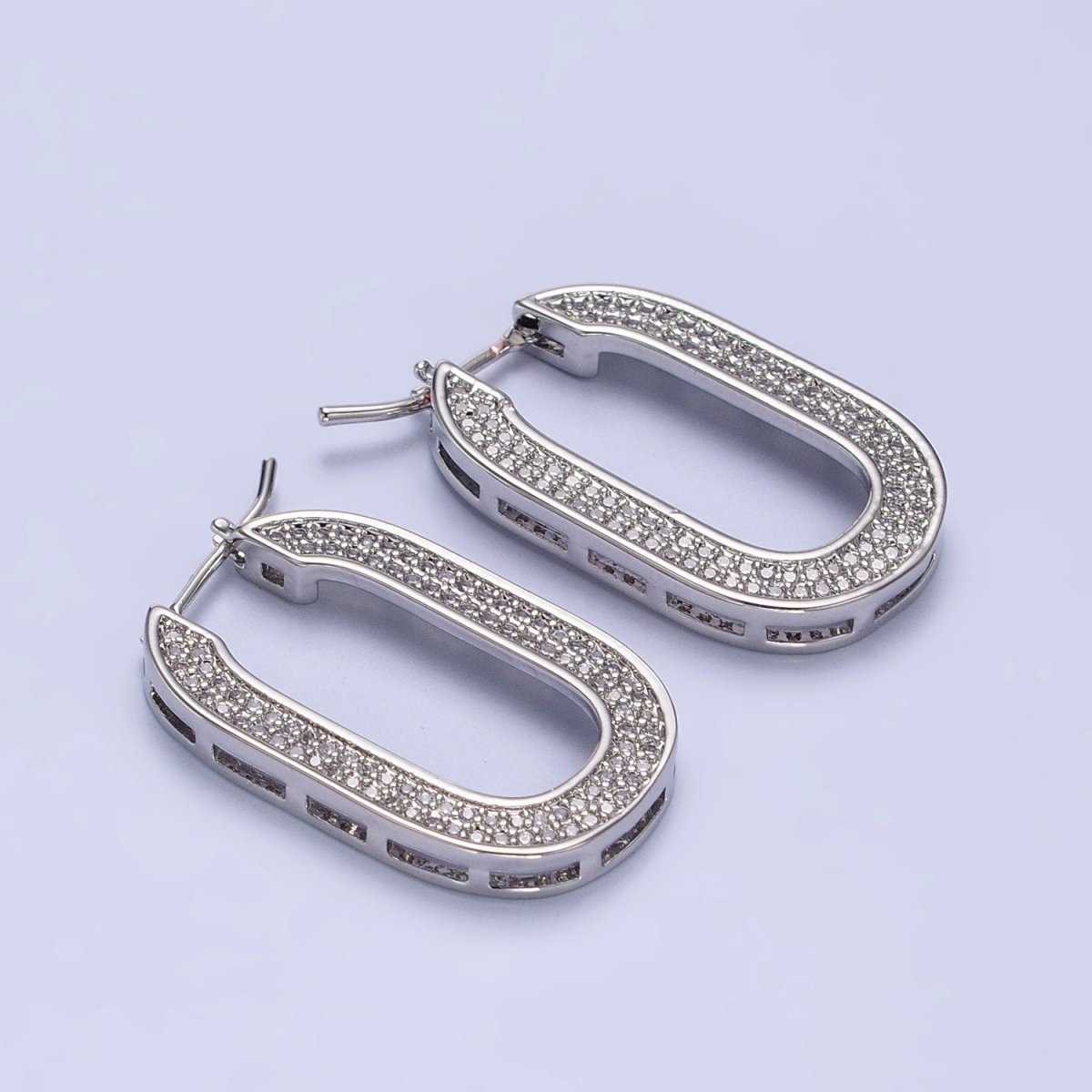 Micro Paved CZ 30mm Oblong U-Shaped Latch Earrings in Gold & Silver | AB174 AB175