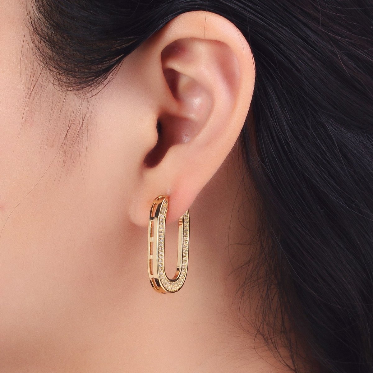 Micro Paved CZ 30mm Oblong U-Shaped Latch Earrings in Gold & Silver | AB174 AB175