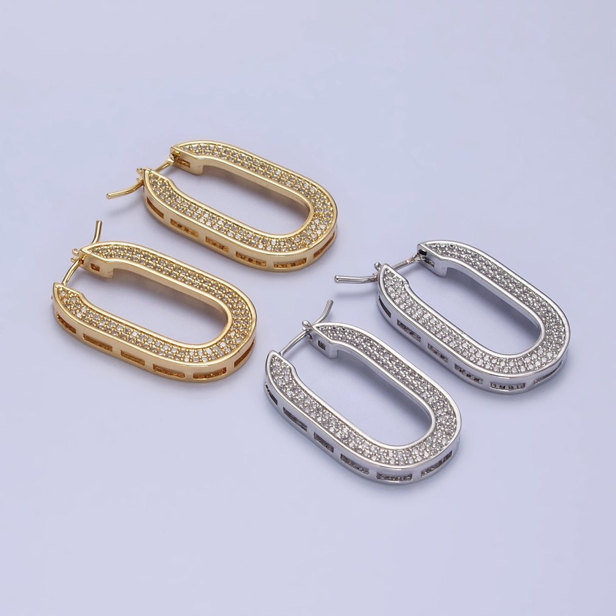Micro Paved CZ 30mm Oblong U-Shaped Latch Earrings in Gold & Silver | AB174 AB175