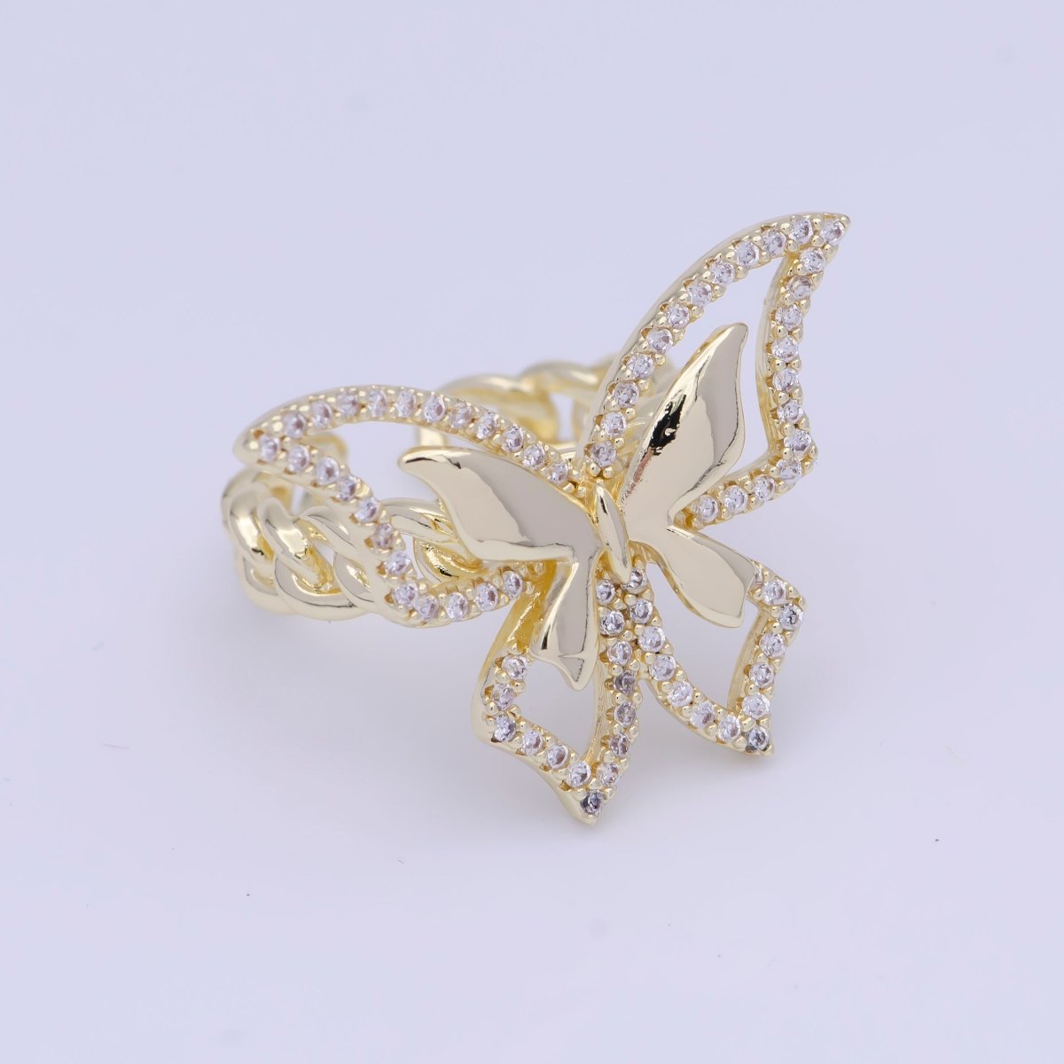 Micro Paved CZ Double Butterfly Mariposa Wings Statement Gold Curb Chain Ring | O-492