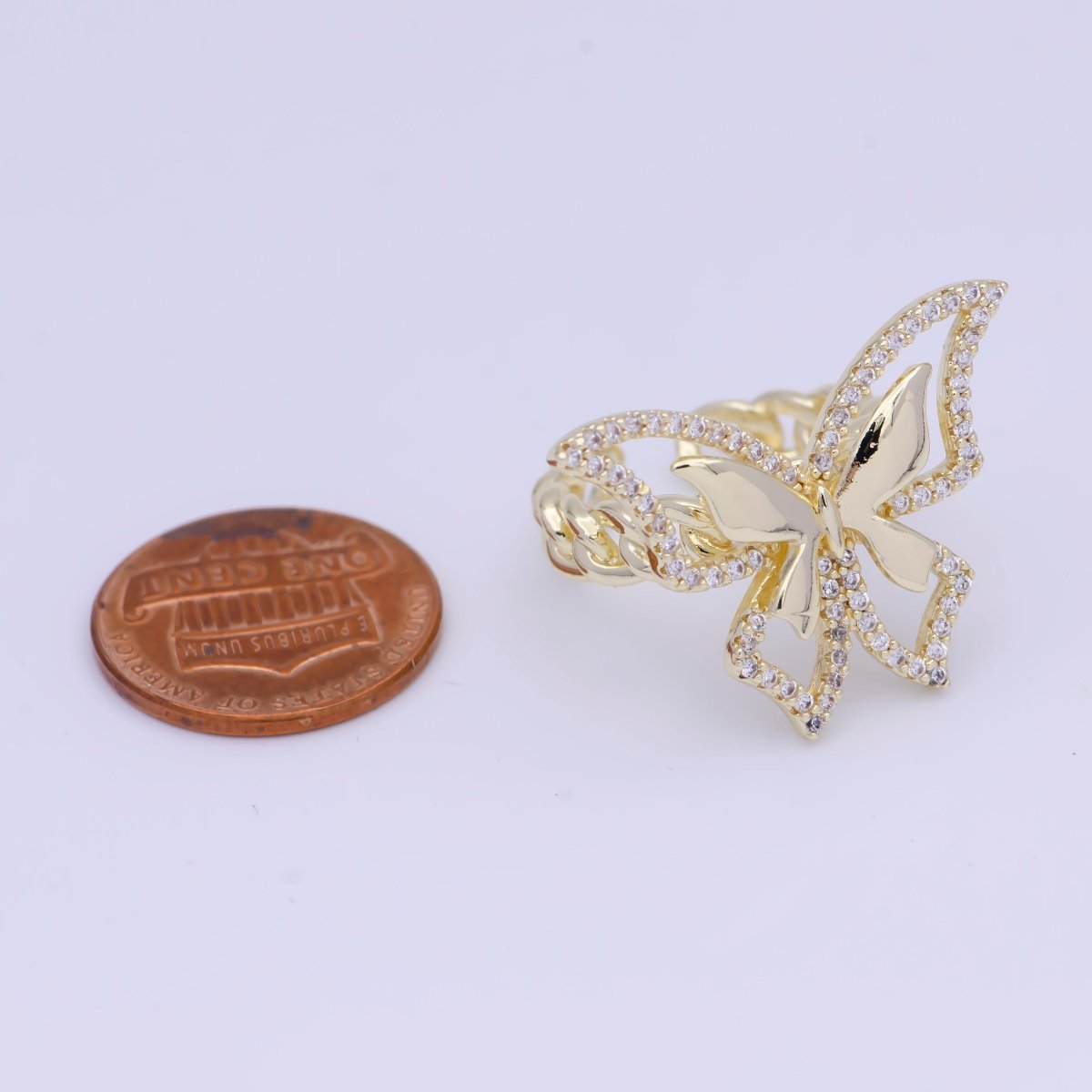 Micro Paved CZ Double Butterfly Mariposa Wings Statement Gold Curb Chain Ring | O-492