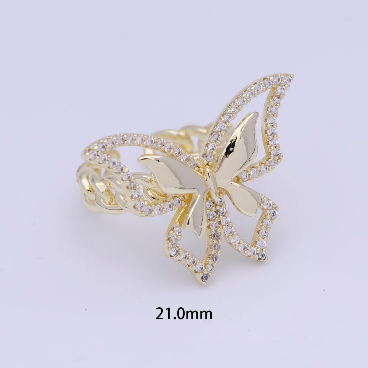 Micro Paved CZ Double Butterfly Mariposa Wings Statement Gold Curb Chain Ring | O-492