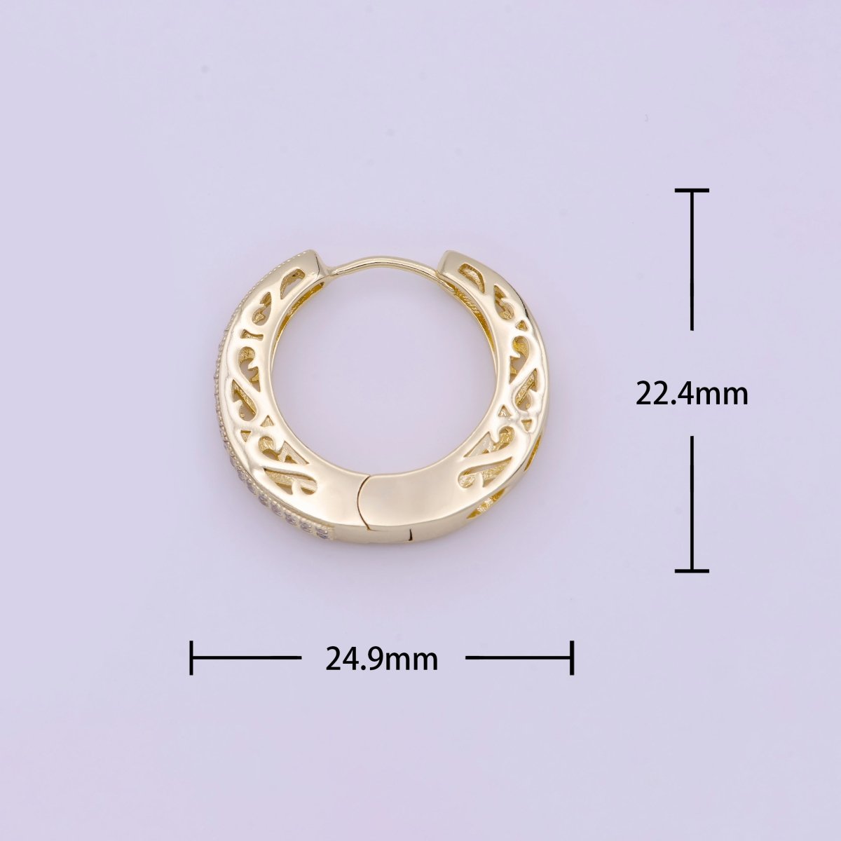 Micro Paved CZ Filigree 25mm Gold Huggie Hoop Earrings | AD-166