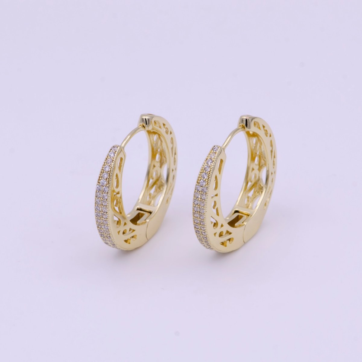 Micro Paved CZ Filigree 25mm Gold Huggie Hoop Earrings | AD-166