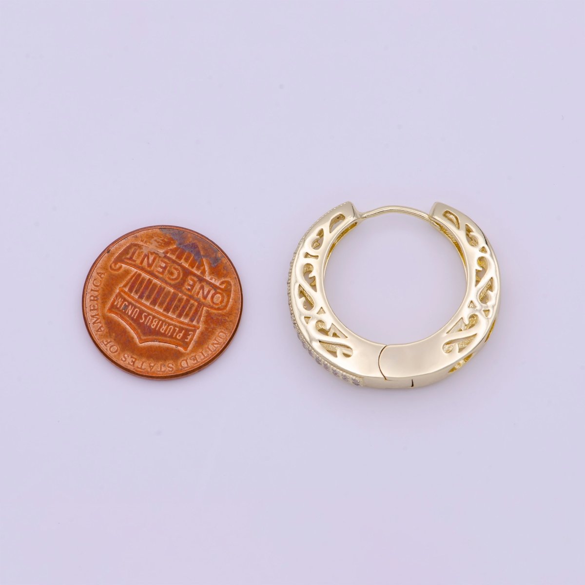 Micro Paved CZ Filigree 25mm Gold Huggie Hoop Earrings | AD-166